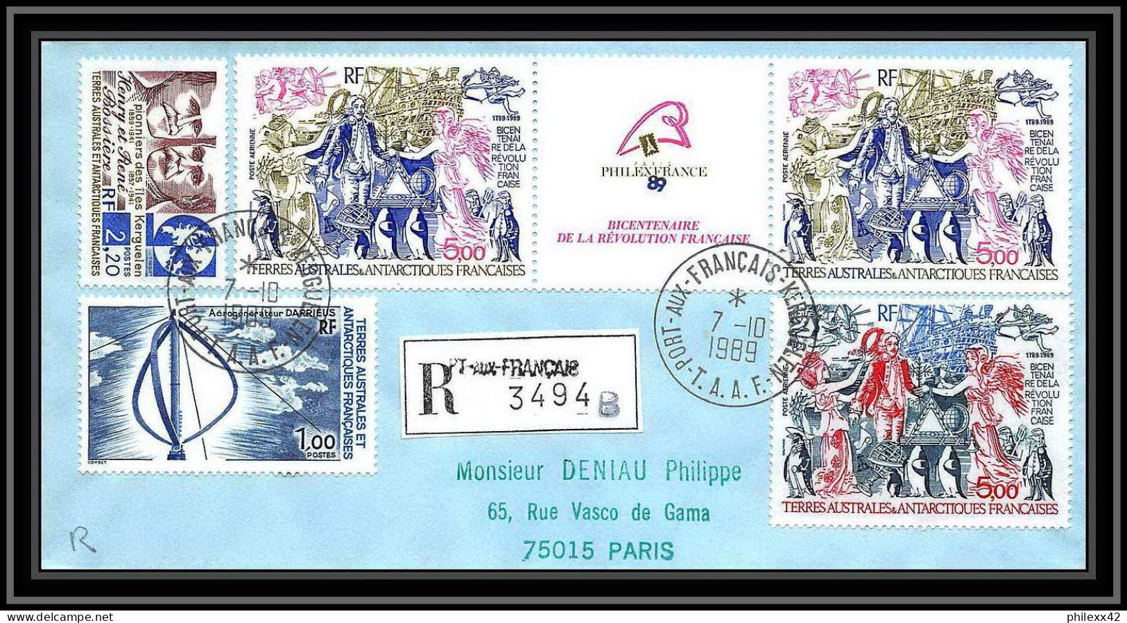 1162 lot de 4 Lettres cad différents Taaf terres australes Antarctic covers 107A REVOLUTION FRANCAISE 1989 recommandé