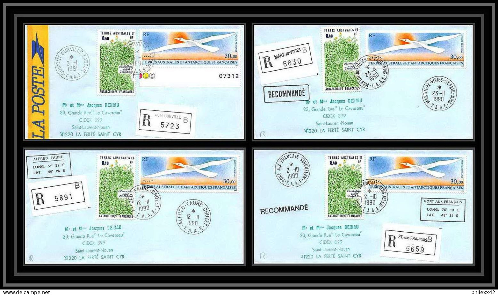 1157 Lot De 4 Lettres Avec Cad Différents Taaf Terres Australes Antarctic Covers 114 OISEAU DE FOLON 1991 Recommandé - Brieven En Documenten