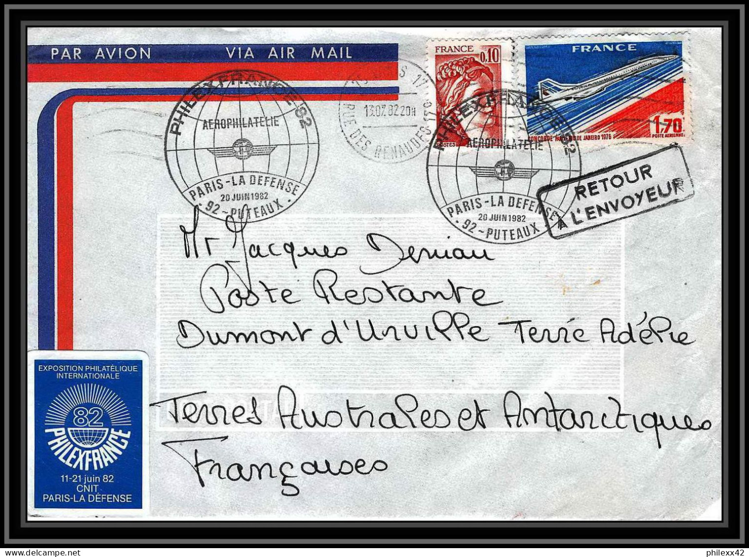 1122 Taaf Terres Australes Antarctic Lettre (cover) 20/06/1982 Philexfrance Concorde - Covers & Documents