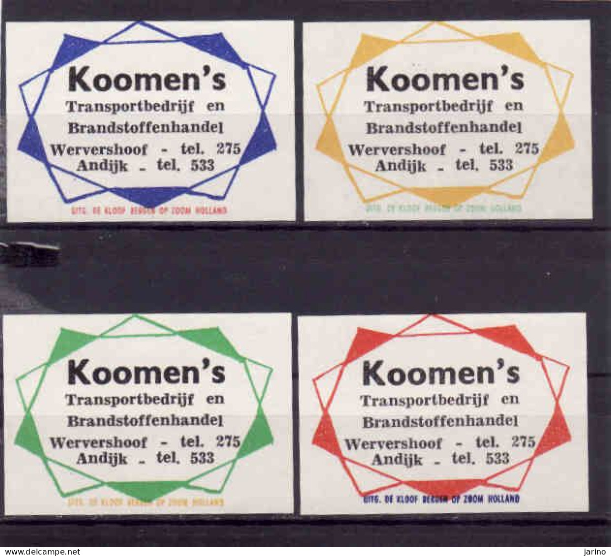 4 Dutch Matchbox Labels, Wervershoof Andijk - North Holland, Koomen's, Transportbedrijf En Brandstoffenhandel Netherland - Cajas De Cerillas - Etiquetas