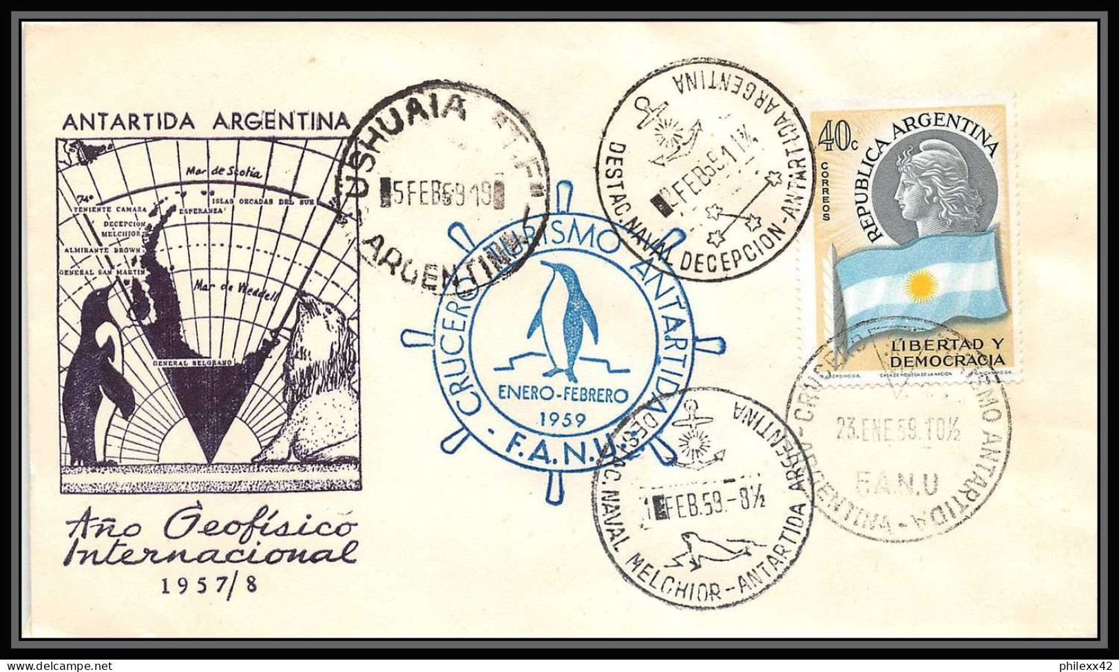 1083 Antarctic Polar Antarctica Argentine (Argentina) 15/02/1959 ANNEE GEOPHISYQUE USHUAIA CRUCERO TURISMO - Bases Antarctiques