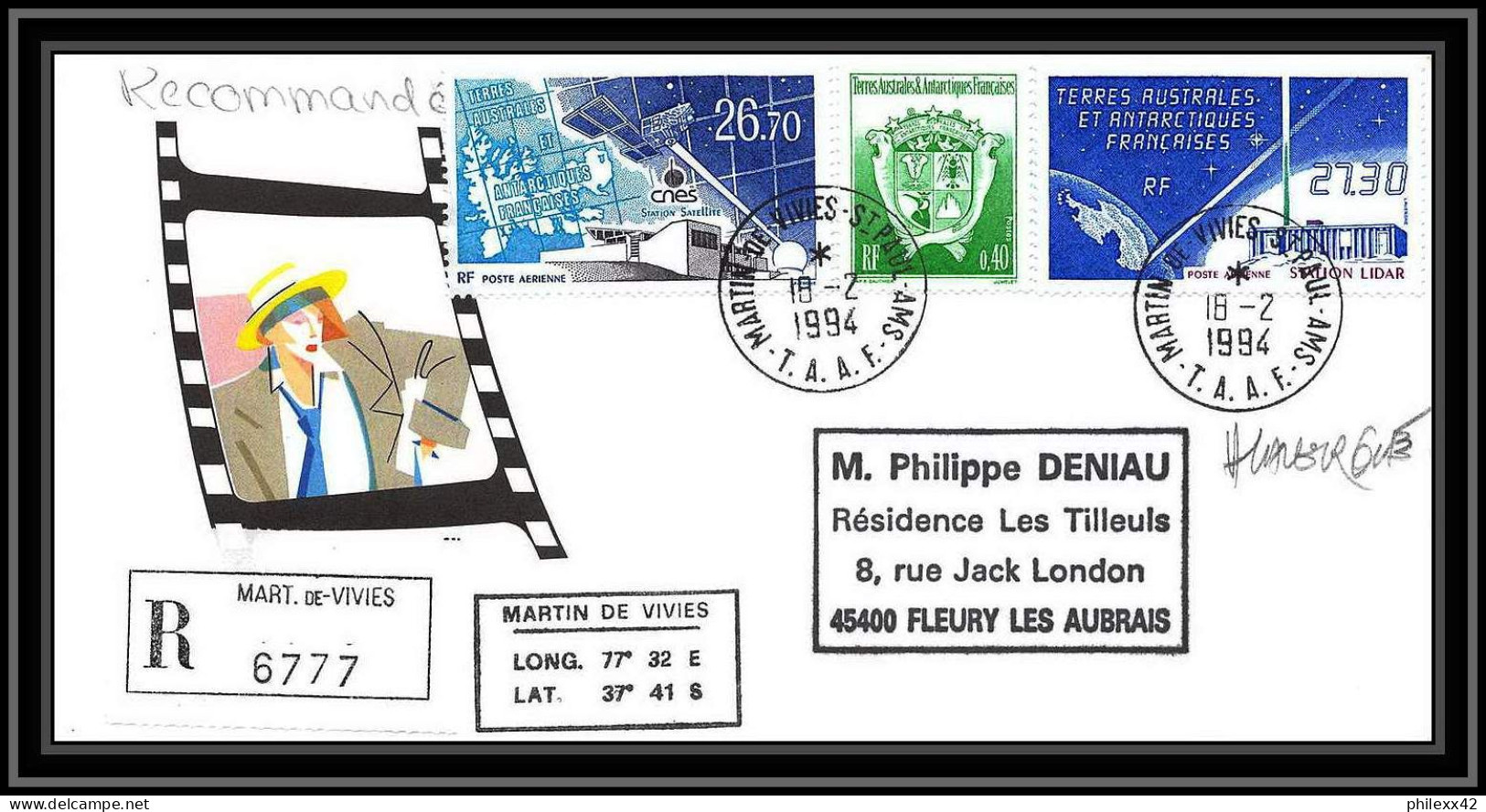 1136 lot de 4 Lettres avec cad différents Taaf terres australes Antarctic covers Satellite 1994 Signé signed recommandé