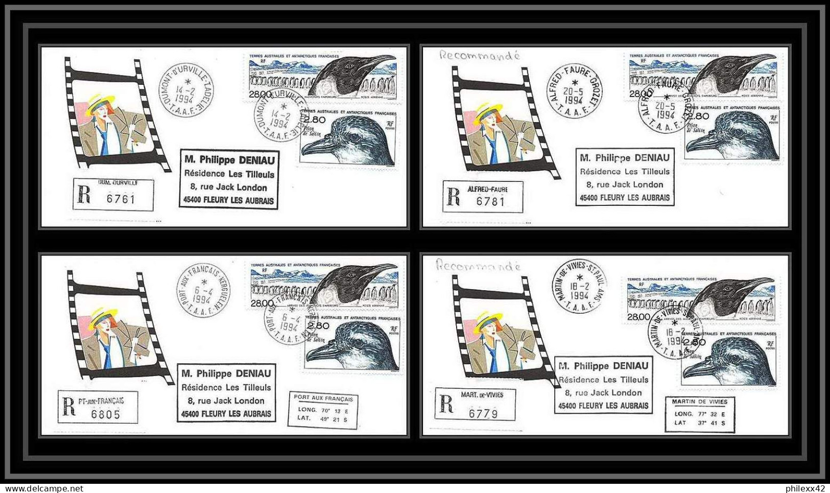 1135 Lot De 4 Lettres Avec Cad Différents Taaf Terres Australes Antarctic Covers 159 + 133 14/02/1994 Recommandé - Covers & Documents