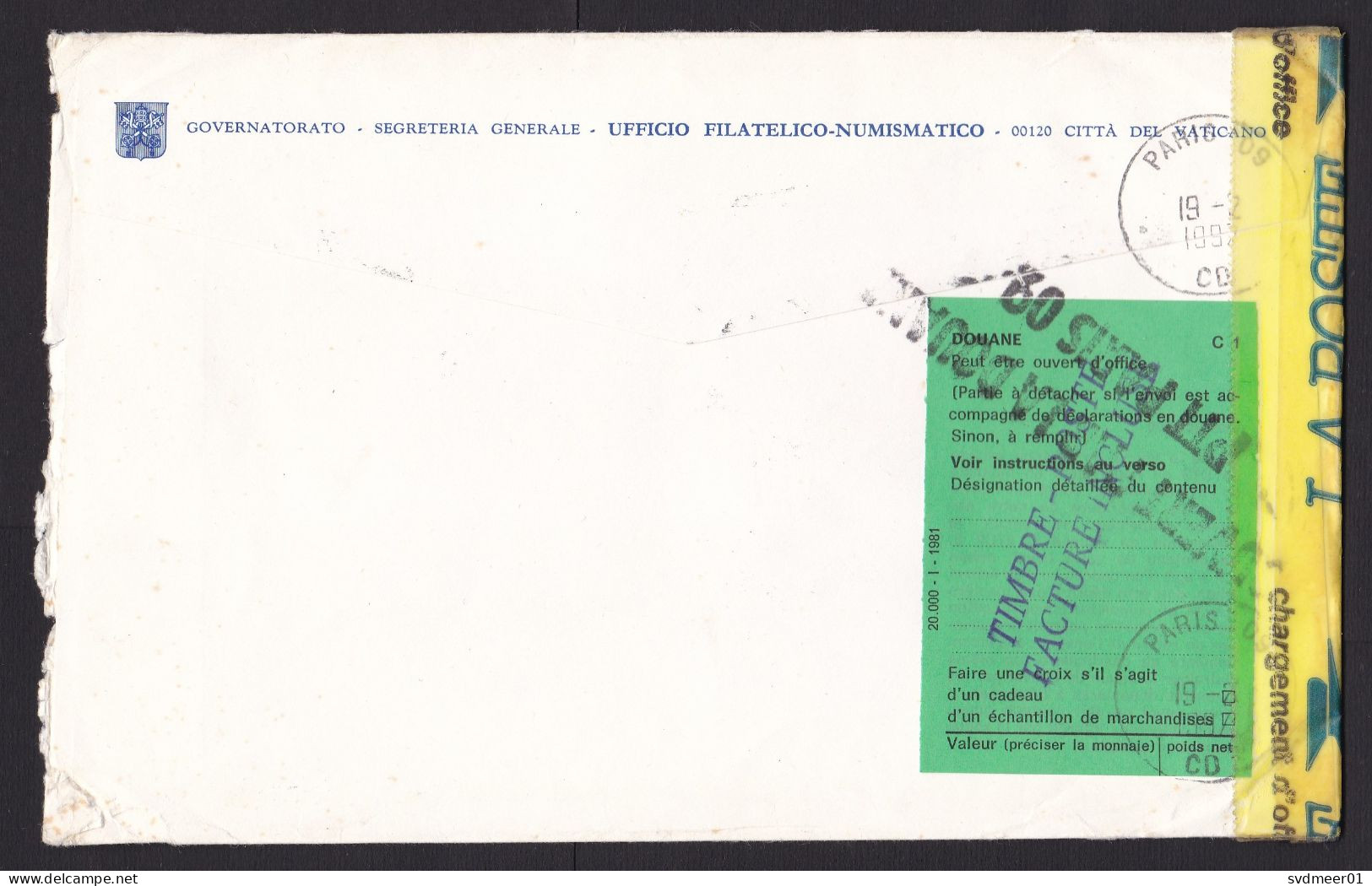 Vatican: Registered Cover To France, 1996, 5 Stamps, History, C1 Customs Label, Control Cancel & Tape (damaged) - Covers & Documents