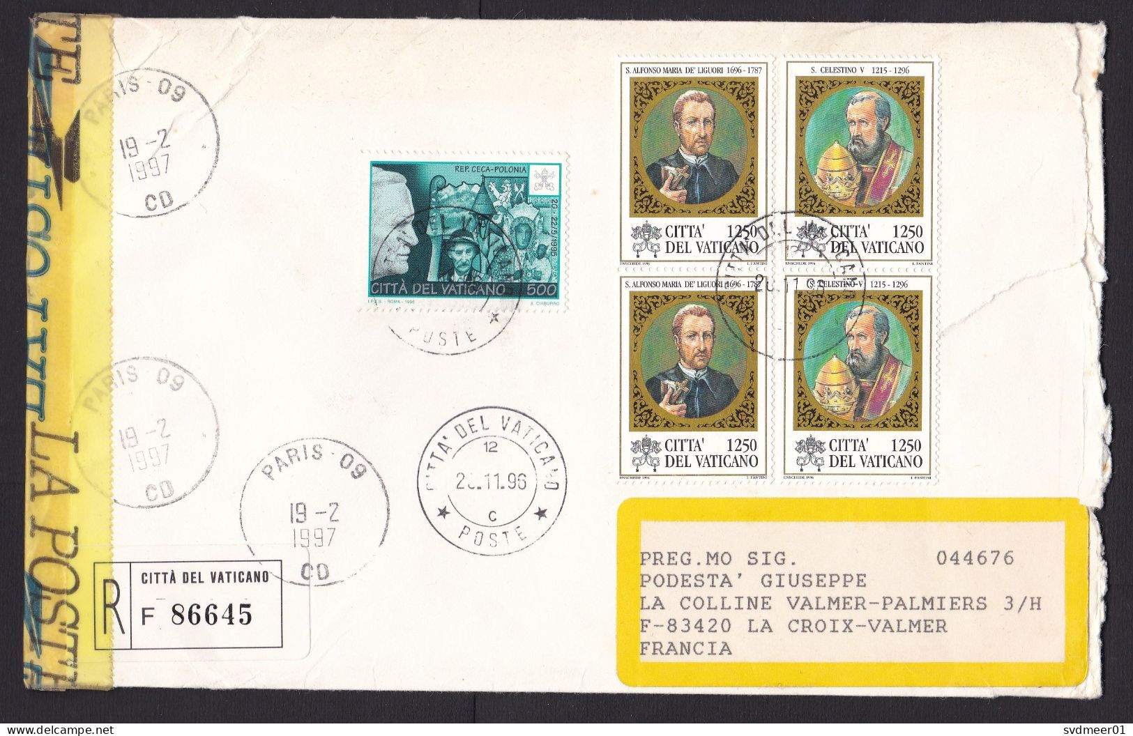 Vatican: Registered Cover To France, 1996, 5 Stamps, History, C1 Customs Label, Control Cancel & Tape (damaged) - Cartas & Documentos