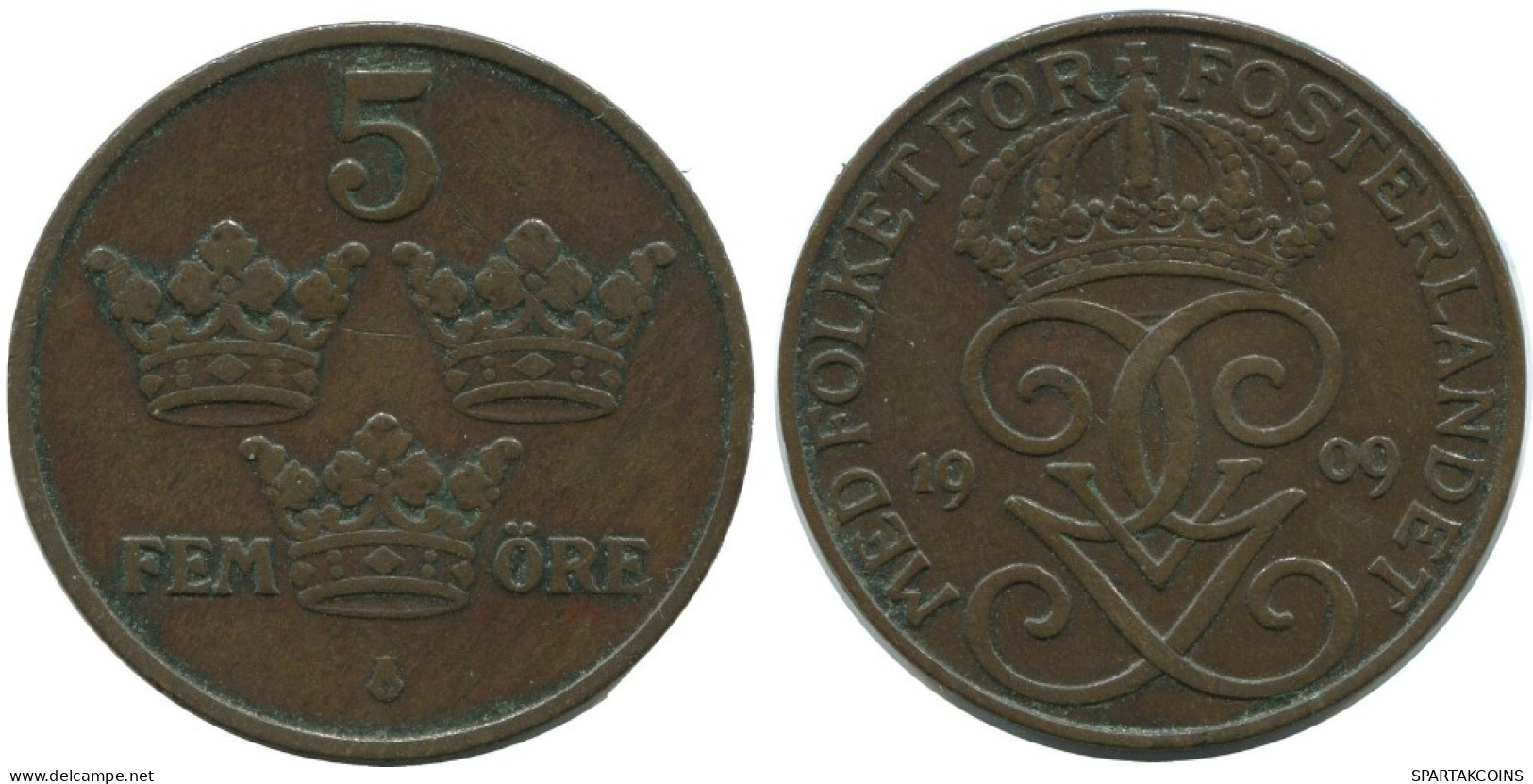 5 ORE 1909 SWEDEN Coin #AC442.2.U.A - Suède