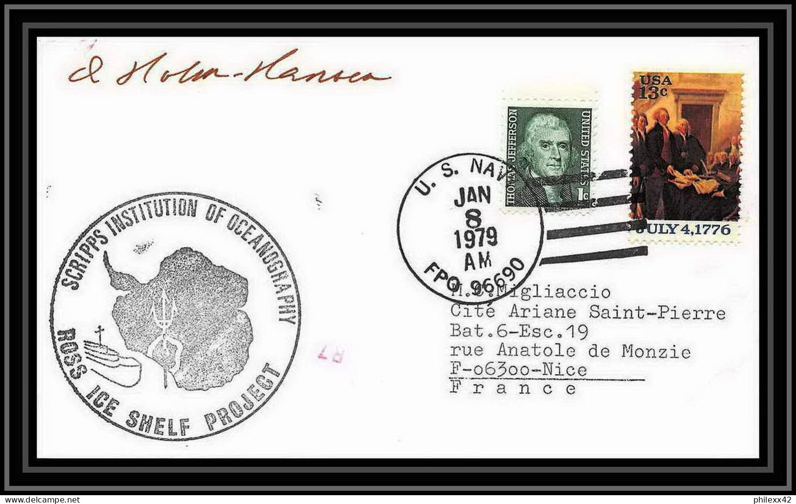 1976 Antarctic USA Lettre (cover) Ross Ice Shelf Project 8/1/1979 Signé Signed - Scientific Stations & Arctic Drifting Stations