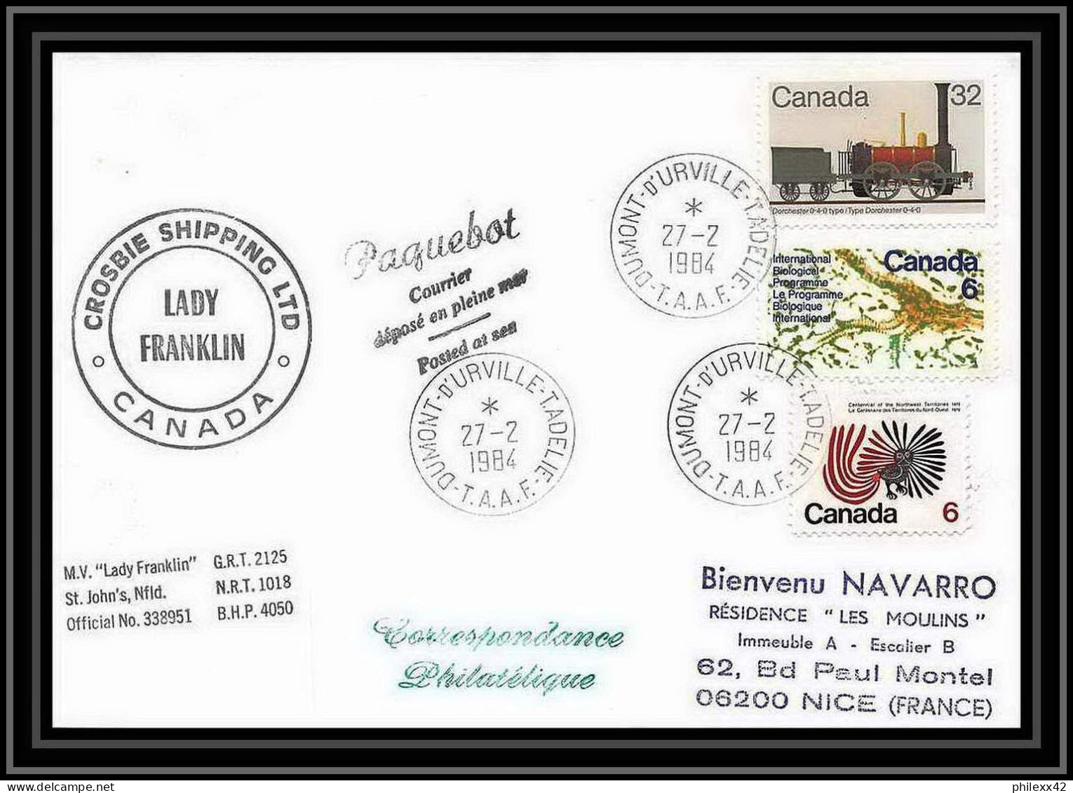 1947 Antarctic Canada Lettre (cover) Dumont D'urville 27/2/1984 - Expediciones árticas