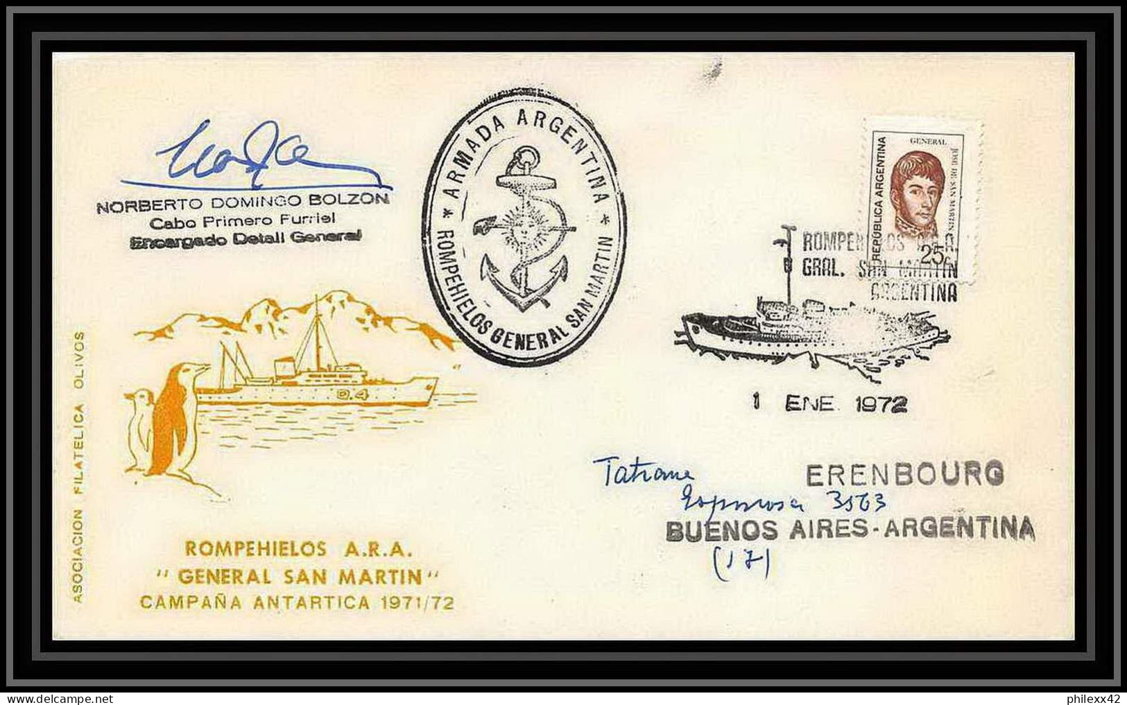 1929 Antarctic Argentine (Argentina) Lettre (cover) Erenburg Signé Signed Bolzon Janvier 1972 - Antarctic Expeditions