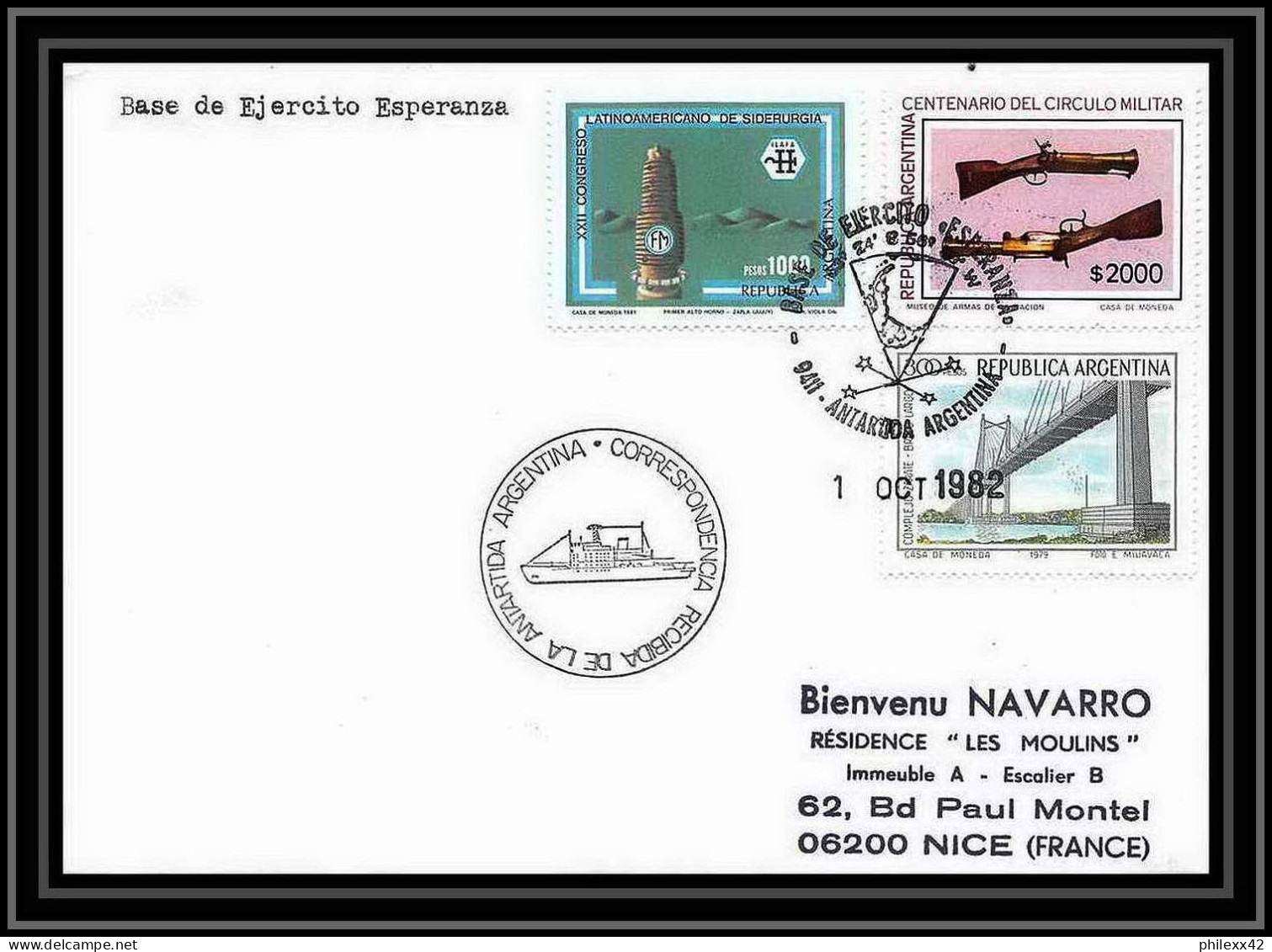 1924 Antarctic Argentine (Argentina) Lettre (cover) Base Ejercito Esperanza 1/10/1982 - Research Stations