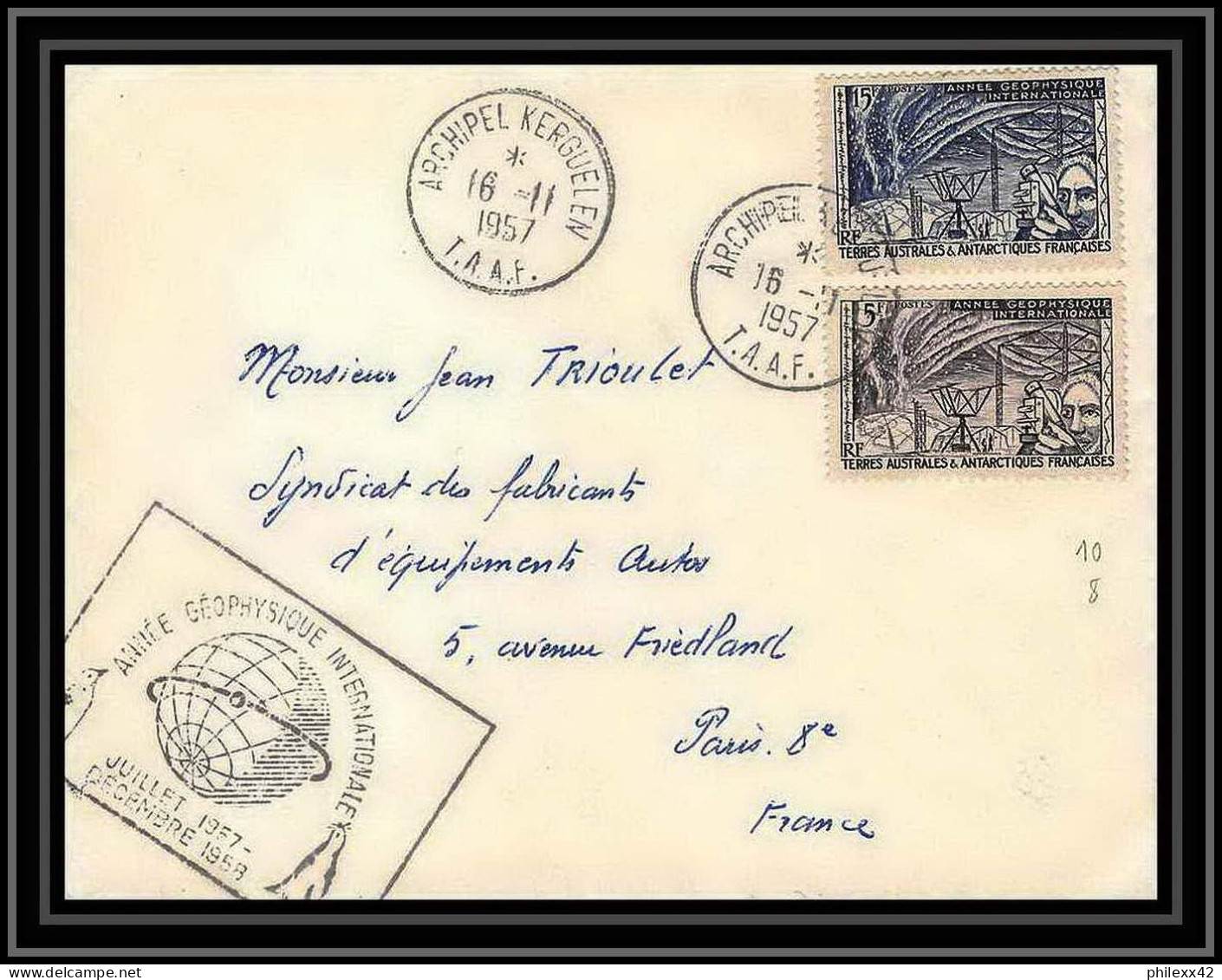 1824 N°8&10 Année Geophysique Internationale 16/11/1957 TAAF Antarctic Terres Australes Lettre (cover) - Lettres & Documents