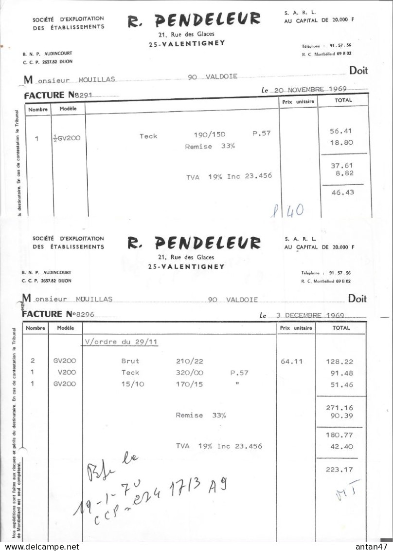 4 Factures 1968-69 / 25 VALENTIGNEY / PENDELEUR Pour MOUILLAS 90 VALDOIE - 1950 - ...