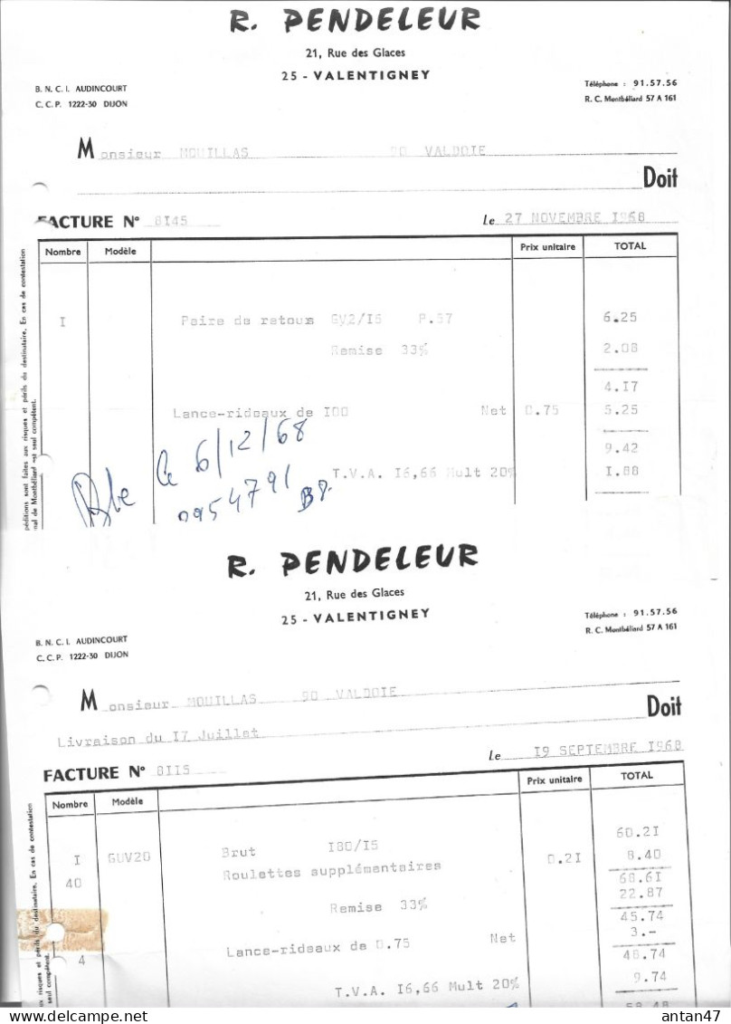 4 Factures 1968-69 / 25 VALENTIGNEY / PENDELEUR Pour MOUILLAS 90 VALDOIE - 1950 - ...