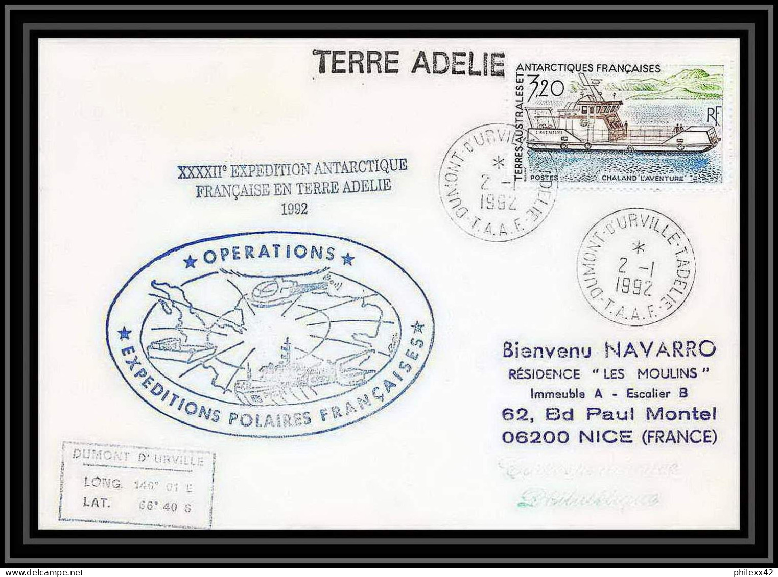 1804 42 ème Expedition En Terre Adelie 2/1/1992 TAAF Antarctic Terres Australes Lettre (cover) - Antarctische Expedities