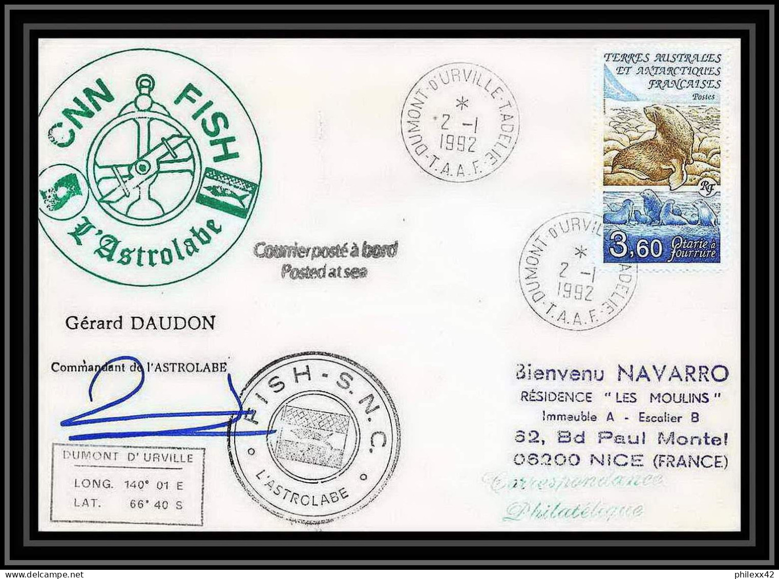 1809 Astrobale Signé Signed Daudon 2/1/1992 TAAF Antarctic Terres Australes Lettre (cover) - Expéditions Antarctiques