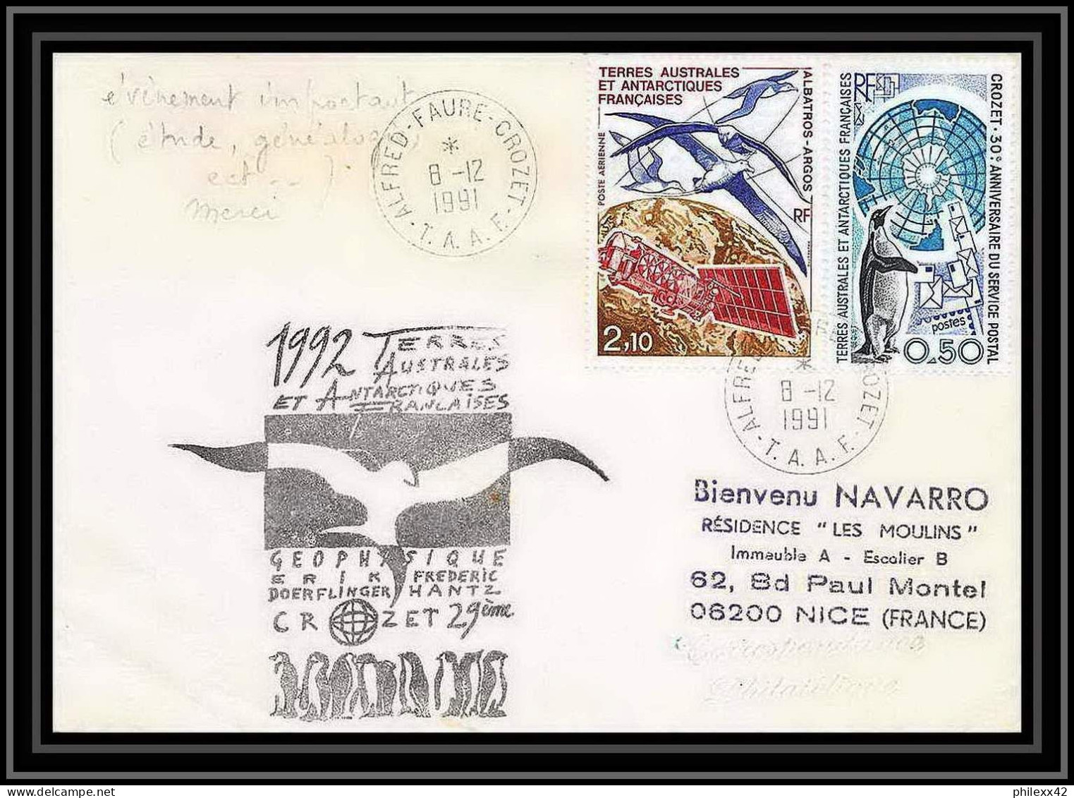 1800 Geophysique Hantz 8/12/1991 TAAF Antarctic Terres Australes Lettre (cover) - Lettres & Documents