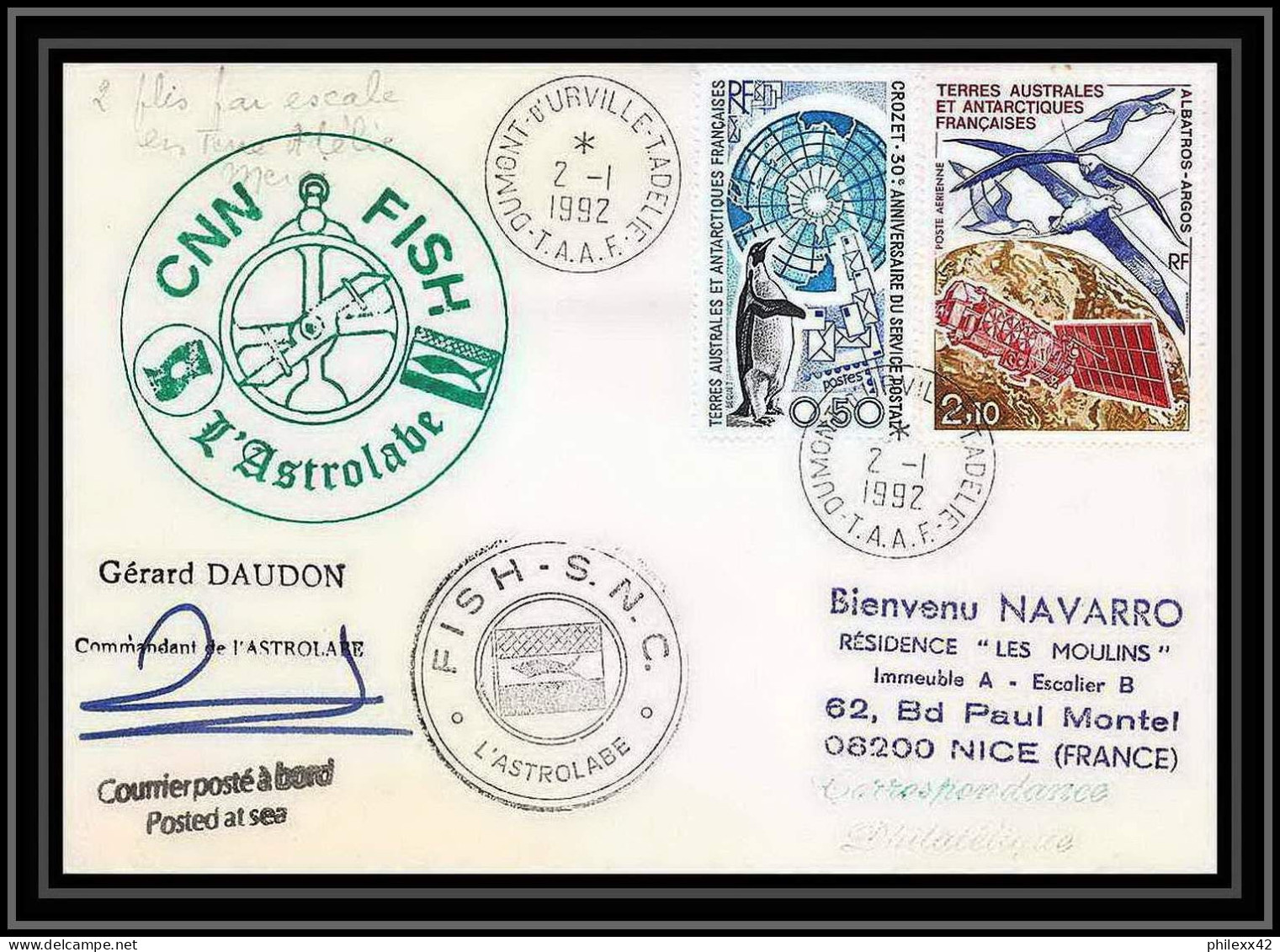 1806 Astrobale Signé Signed Daudon 2/1/1992 TAAF Antarctic Terres Australes Lettre (cover) - Antarctic Expeditions