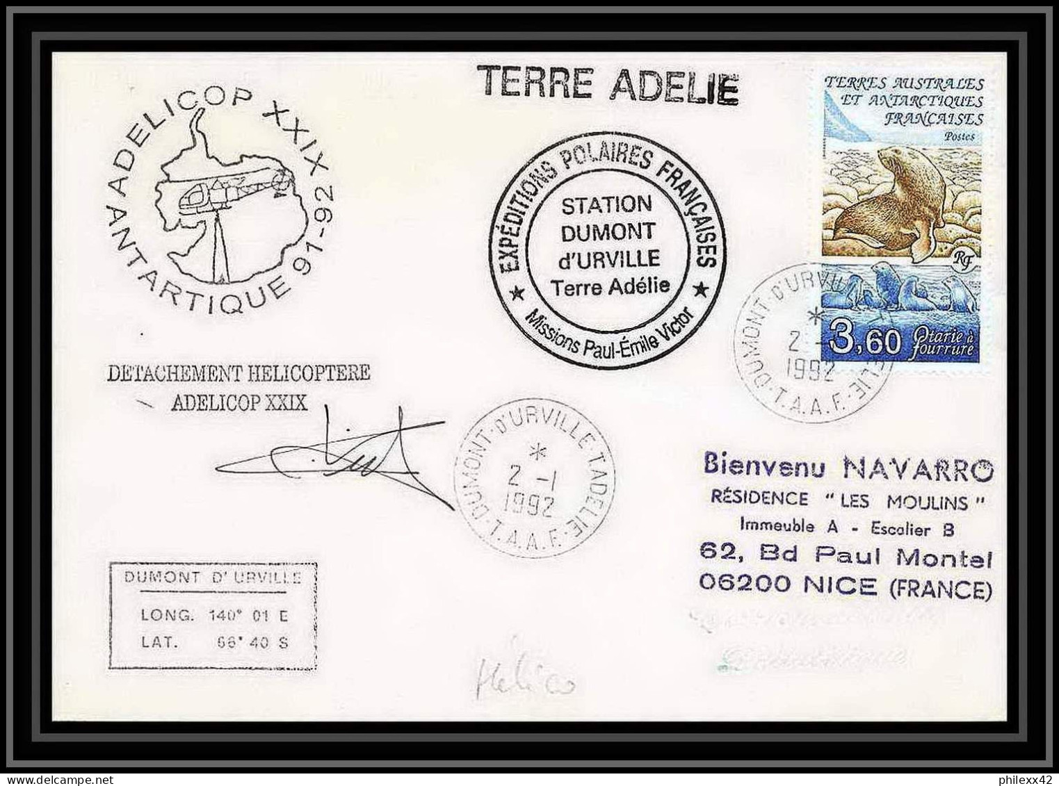 1803 Detachement Helicoptere Adelicop 29 Signé Signed 2-1-1992 TAAF Antarctic Terres Australes Lettre (cover) - Antarctische Expedities