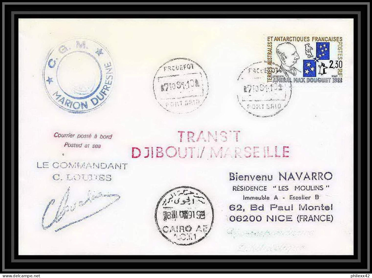 1796 Transit Djibouti Marseille Signé Signed Loudes Port Said 7/10/1991 TAAF Antarctic Terres Australes Lettre (cover) - Antarctic Expeditions