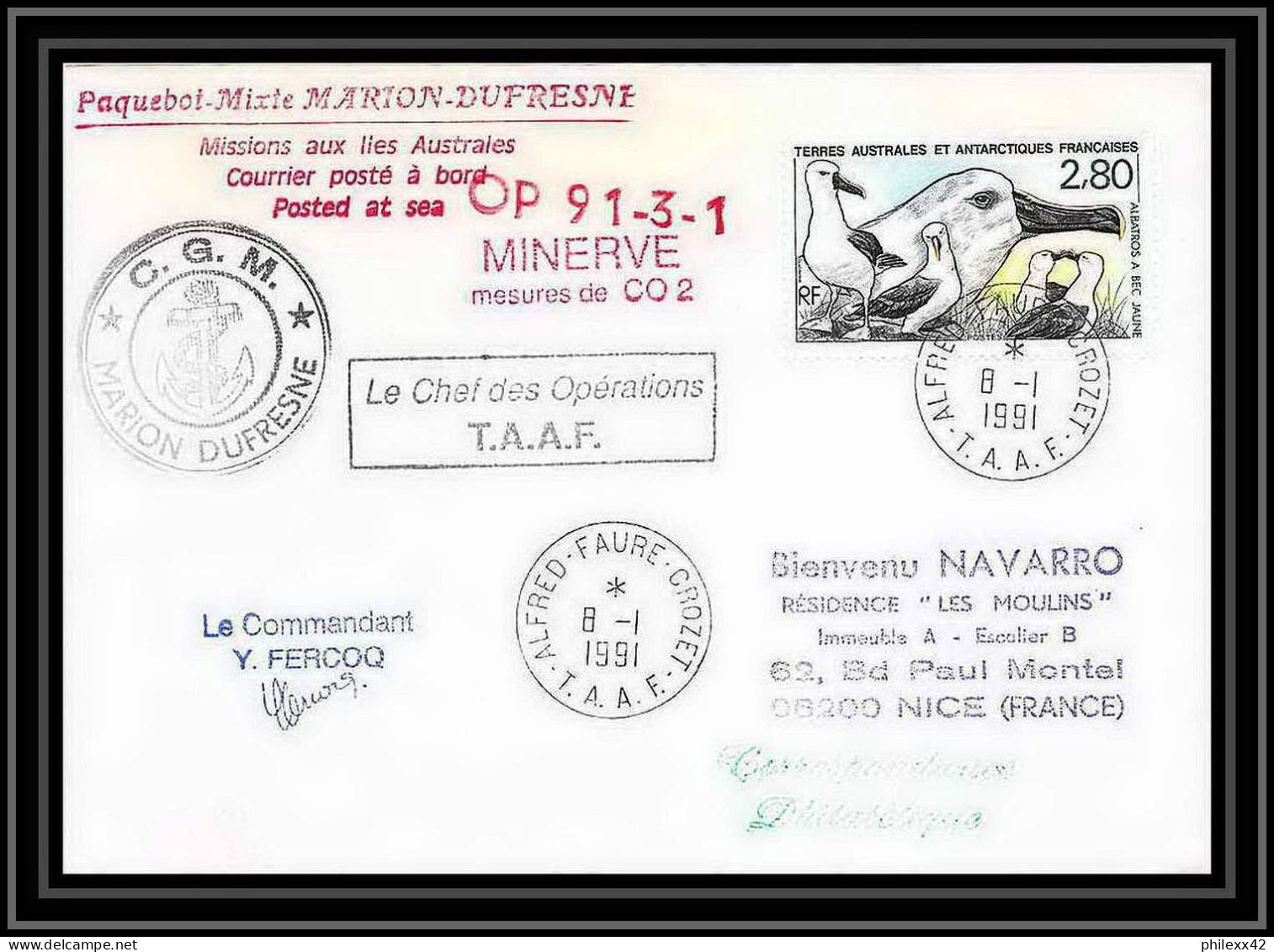 1802 Op 91/3-1 Minerve Mesure Co2 Signé Signed Ferocq 8/11991 TAAF Antarctic Terres Australes Lettre (cover) - Antarctische Expedities