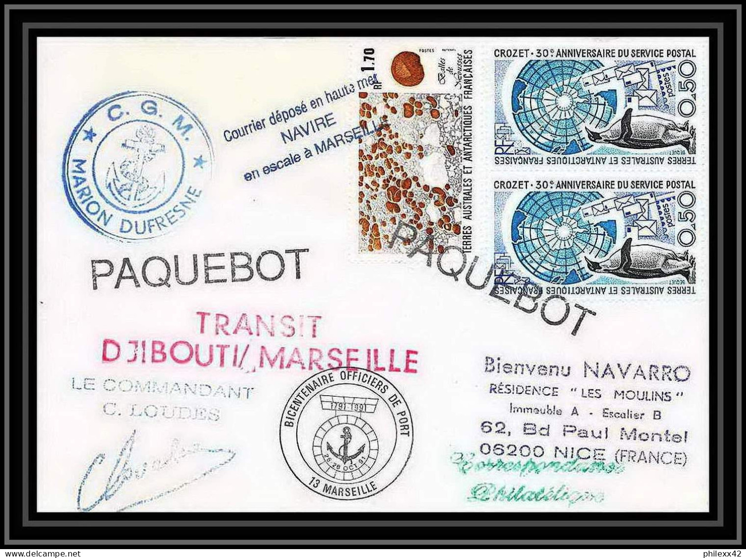 1797 Transit Djibouti Marseille Signé Signed Loudes 1991 TAAF Antarctic Terres Australes Lettre (cover) - Expéditions Antarctiques