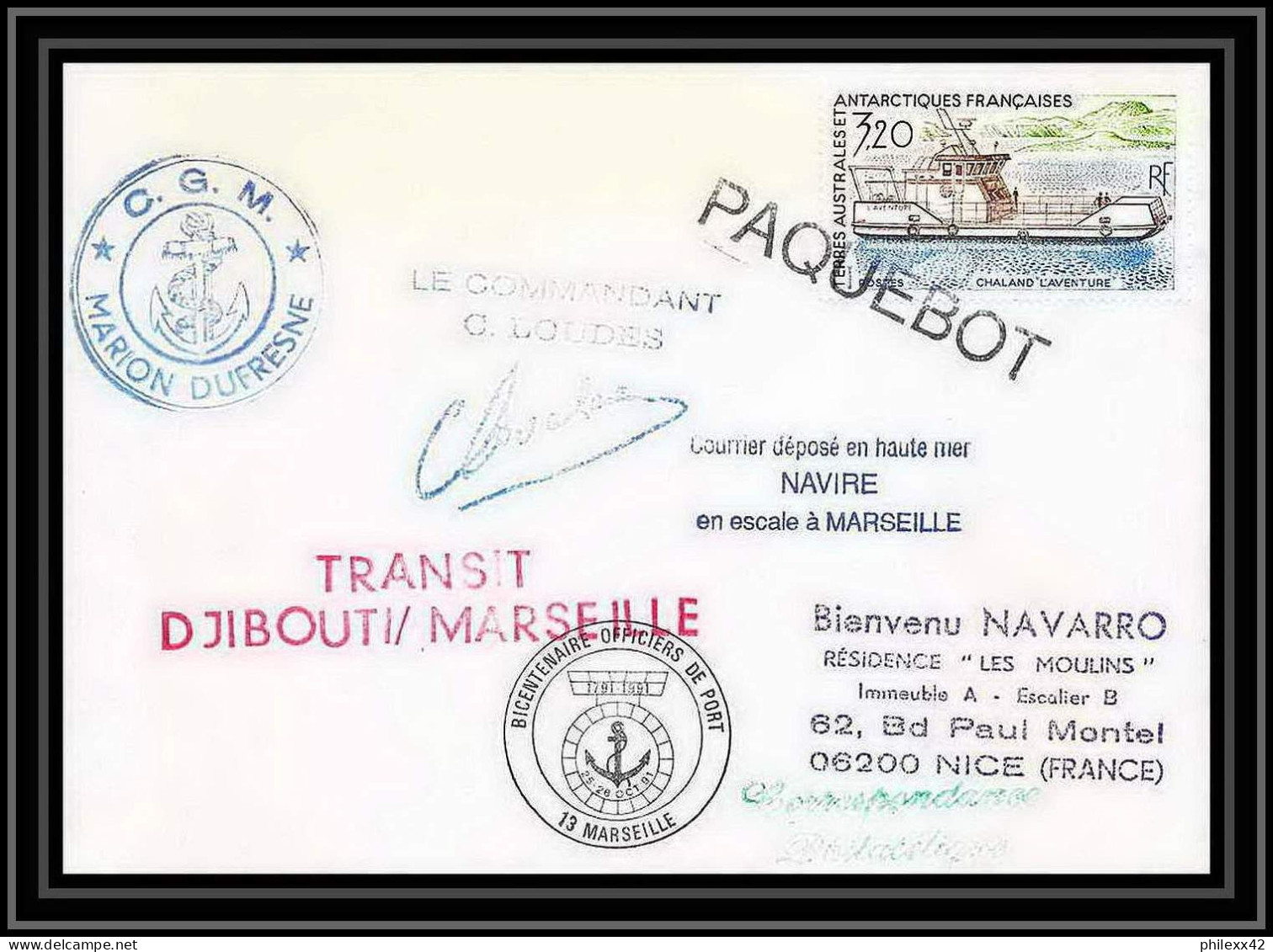 1794 Transit Djibouti Marseille Signé Signed Loudes 1991 TAAF Antarctic Terres Australes Lettre (cover) Paquebot - Antarktis-Expeditionen