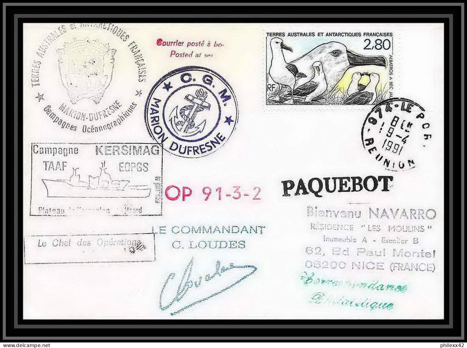 1772 Campagne Kersimag Op 91-3-2 Signé Signed Loudes 9/4/1991 La Reunion TAAF Antarctic Terres Australes Lettre (cover) - Antarctic Expeditions