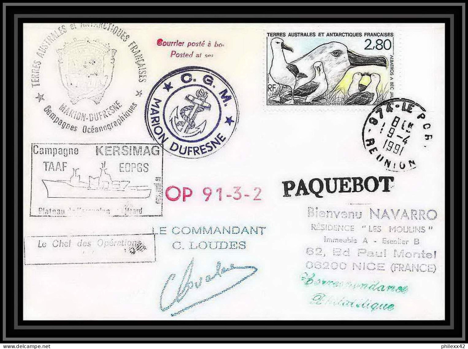 1772 Campagne Kersimag Op 91-3-2 Signé Signed Loudes 9/4/1991 La Reunion TAAF Antarctic Terres Australes Lettre (cover) - Antarctische Expedities