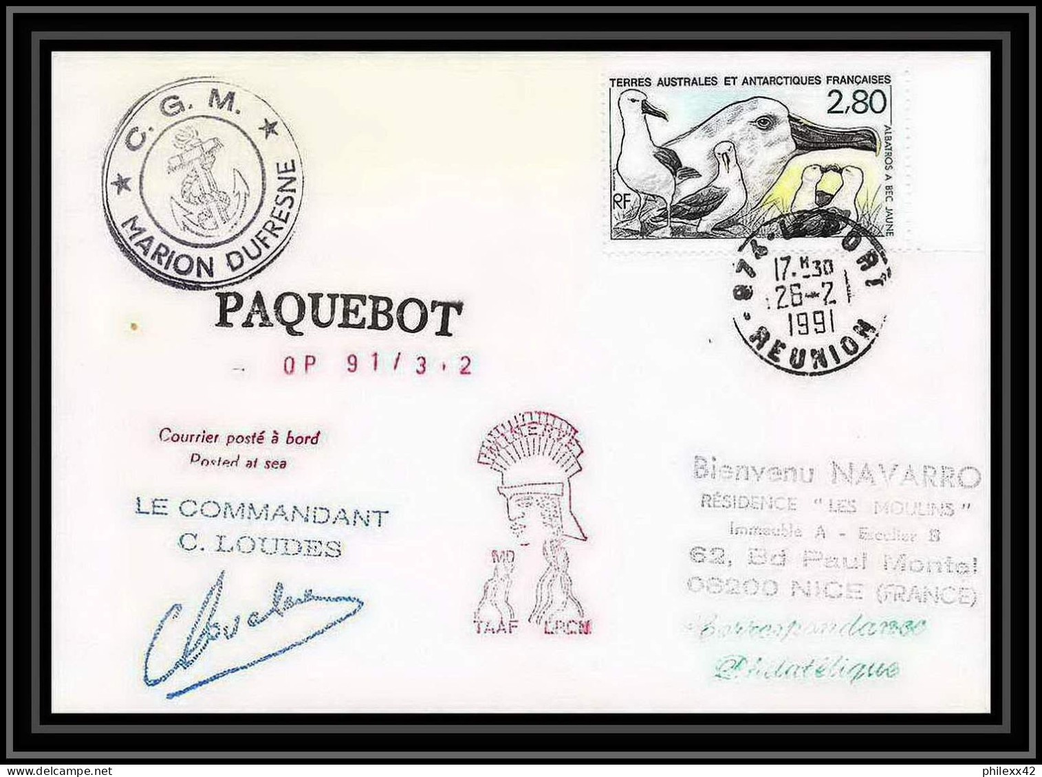 1769 Op 91-3-2 Signé Signed Loudes 26/2/1991 La Reunion Marion Dufresne TAAF Antarctic Terres Australes Lettre (cover) - Covers & Documents