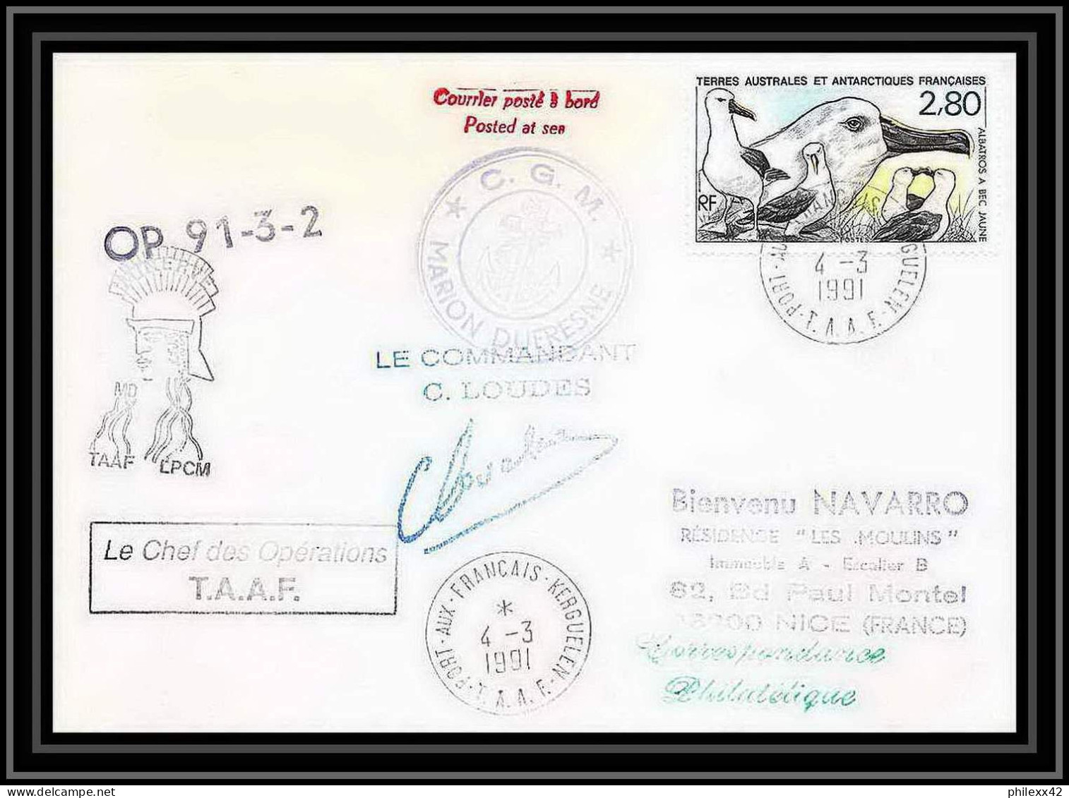 1771 Op 91-3-2 Signé Signed Loudes 4/3/1991 Marion Dufresne TAAF Antarctic Terres Australes Lettre (cover) - Antarktis-Expeditionen