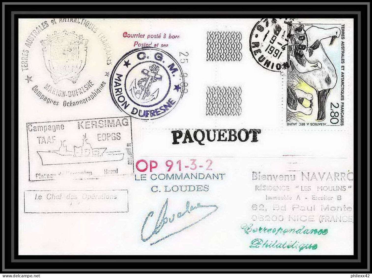 1773 Campagne Kersimag Op 91-3-2 Signé Signed Loudes 1991 La Reunion TAAF Antarctic Terres Australes Lettre Coin Daté - Expediciones Antárticas