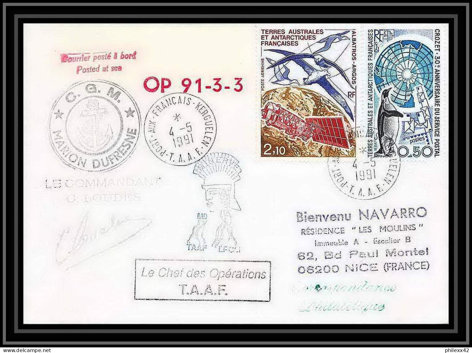 1765 Md 68 Op 91-3-3 Suzil Signé Signed Loudes Marion Dufresne 4/5/1991 TAAF Antarctic Terres Australes Lettre (cover) - Antarctic Expeditions