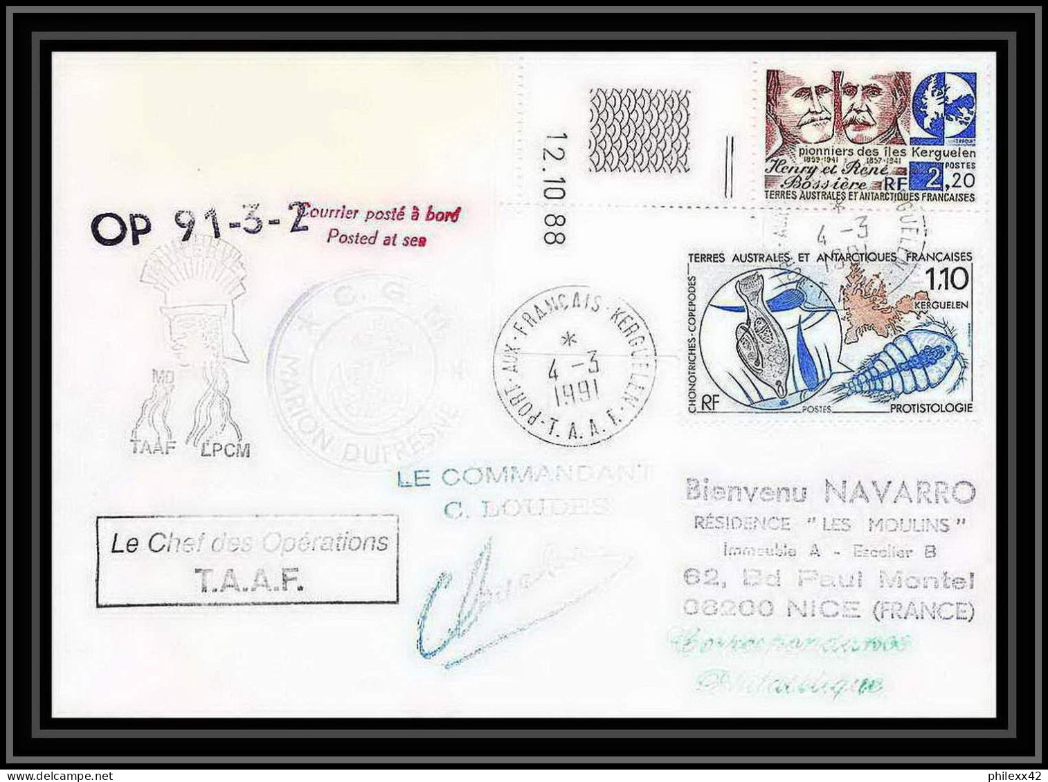 1766 Op 91-3-2 Signé Signed Loudes 4/3/1991 Marion Dufresne TAAF Antarctic Terres Australes Lettre (cover) Coin Daté - Antarctic Expeditions