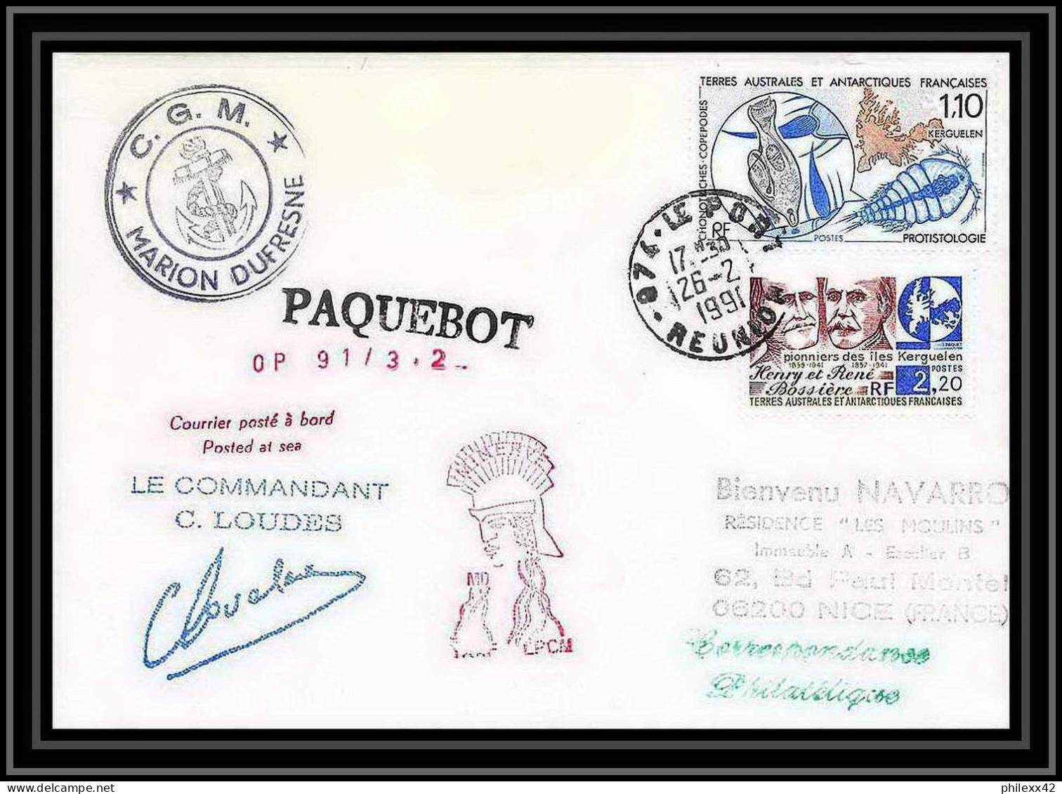 1768 Op 91-3-2 Signé Signed Loudes 26/2/1991 La Reunion Marion Dufresne TAAF Antarctic Terres Australes Lettre (cover) - Antarktis-Expeditionen