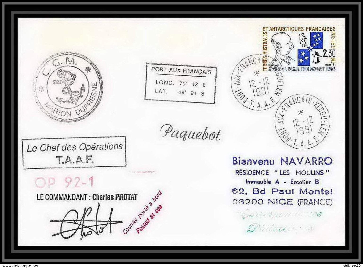 1756 Op 92/1 Signé Signed Protat 12/12/1991 Marion Dufresne TAAF Antarctic Terres Australes Lettre (cover) - Antarctic Expeditions