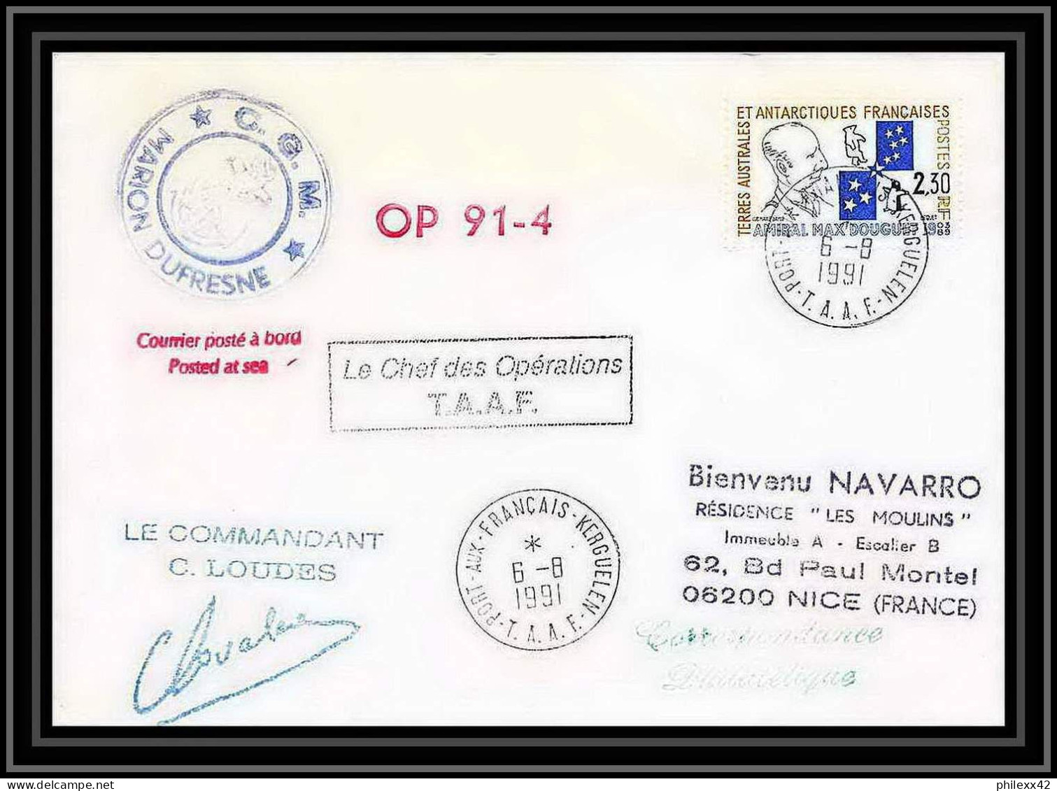 1760 Op 91/4 Signé Signed Ploudes 6/8/1991 Marion Dufresne TAAF Antarctic Terres Australes Lettre (cover) - Briefe U. Dokumente