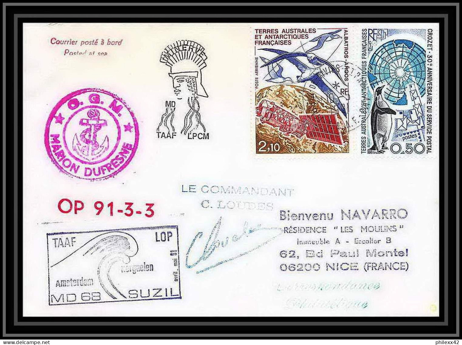 1764 Md 68 Op 91-3-3 Suzil Signé Signed Loudes Marion Dufresne 4/5/1991 TAAF Antarctic Terres Australes Lettre (cover) - Antarktis-Expeditionen