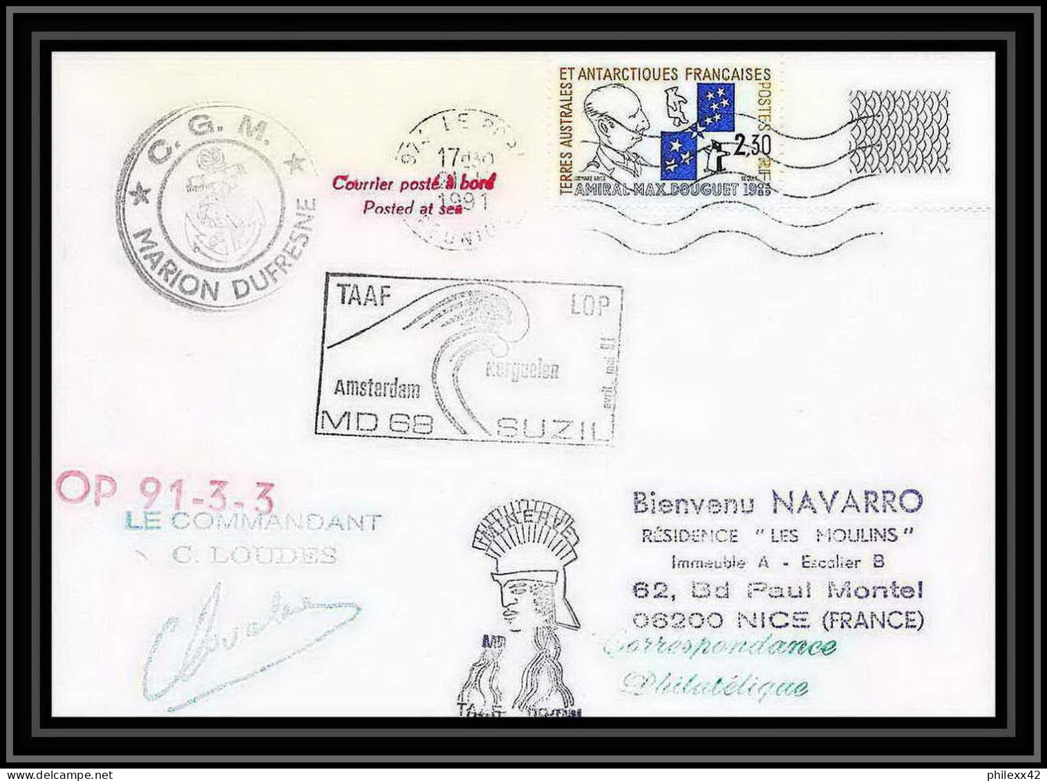 1763 Md 68 Op 91-3-3 Suzil Signé Signed Loudes Marion Dufresne 21/5/1991 TAAF Antarctic Terres Australes Lettre (cover) - Antarktis-Expeditionen