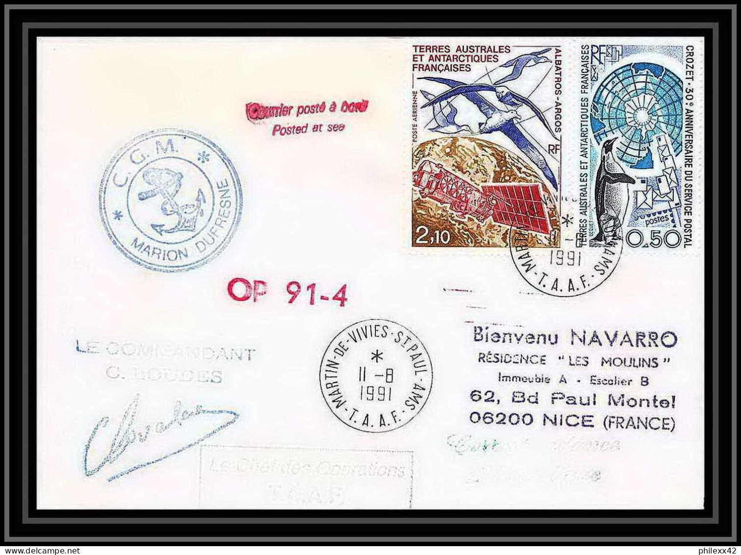 1761 Op 91/4 Signé Signed Ploudes 11/8/1991 Marion Dufresne TAAF Antarctic Terres Australes Lettre (cover) - Antarktis-Expeditionen