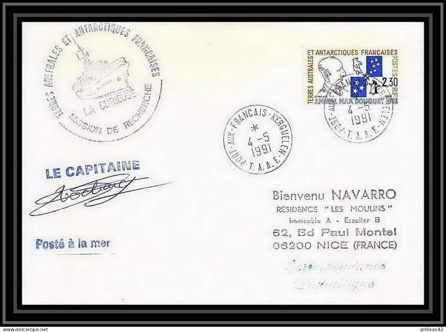 1748 Navire La Curieuse Signé Signed 4/5/1991 TAAF Antarctic Terres Australes Lettre (cover) - Lettres & Documents