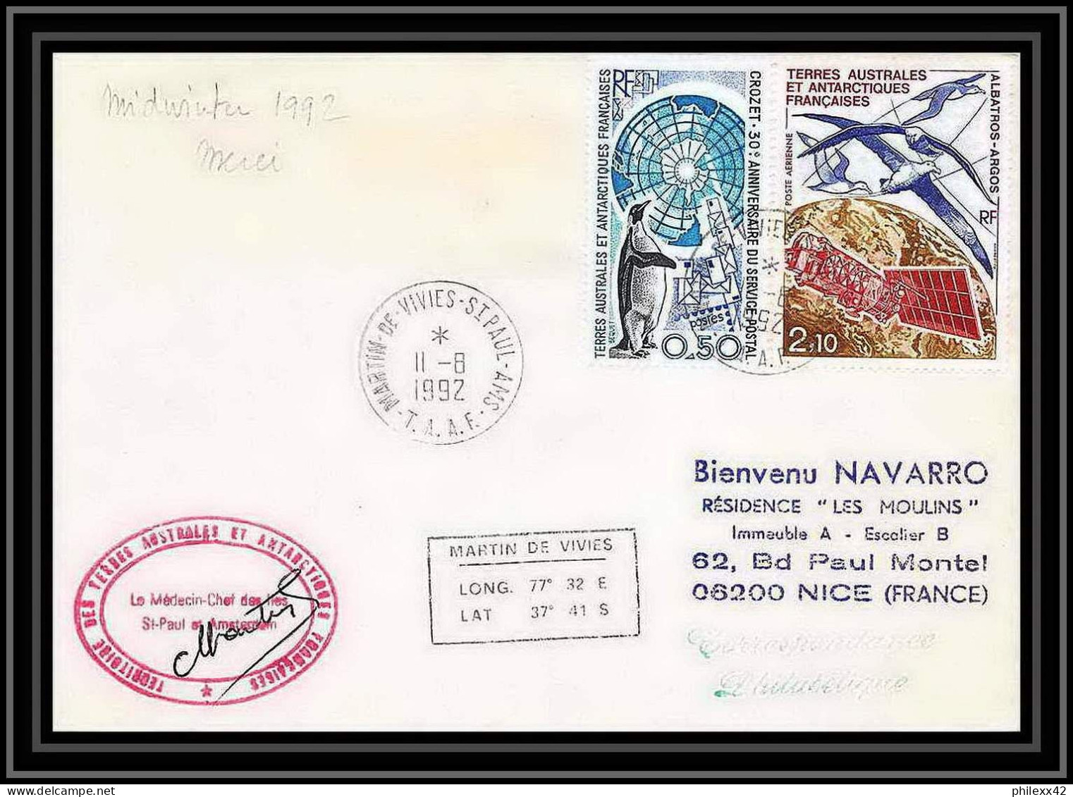 1750 11/8/1992 Medecin Chef TAAF Antarctic Terres Australes Lettre (cover) - Covers & Documents