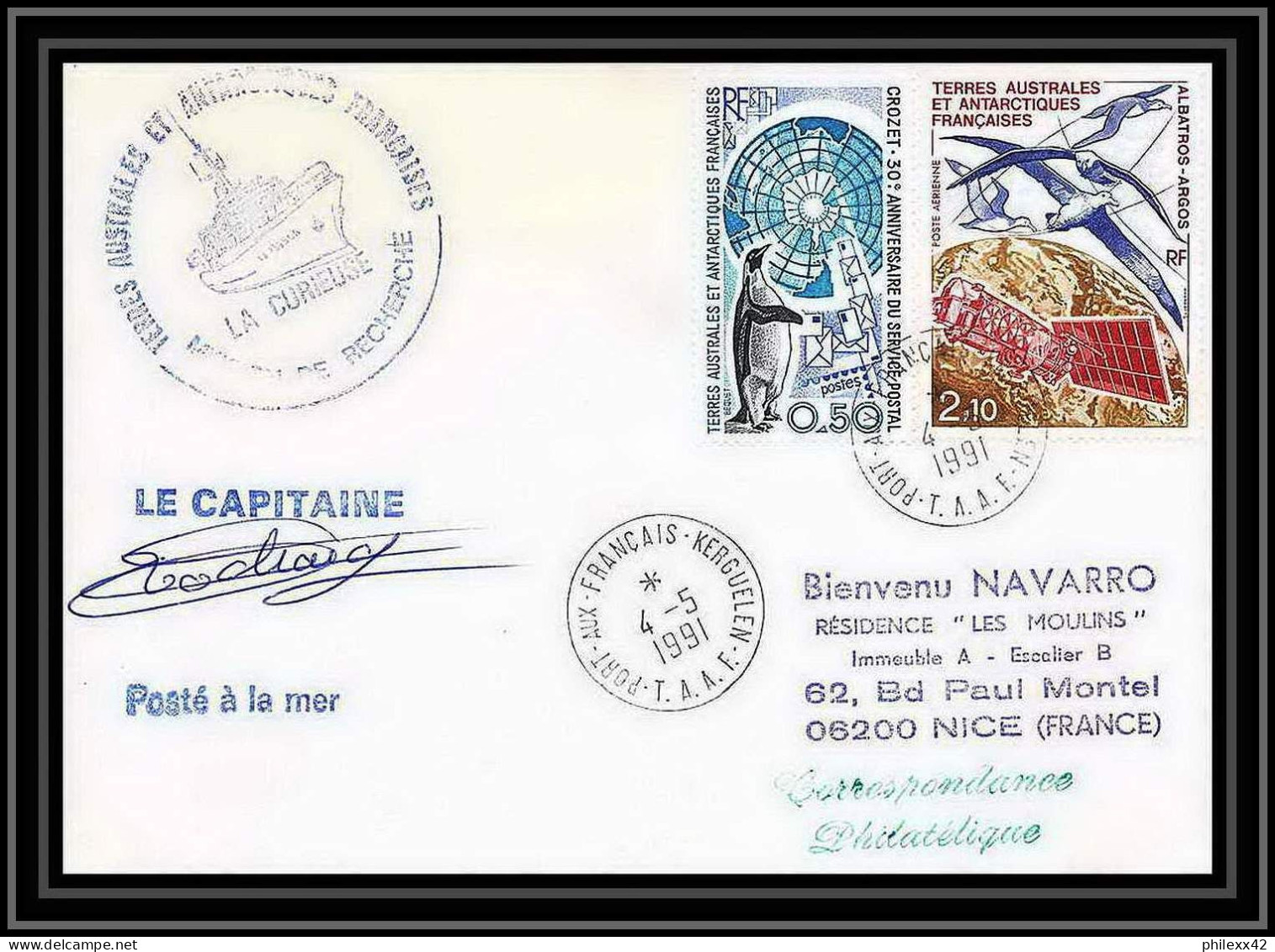 1747 Navire La Curieuse Signé Signed 4/5/1991 TAAF Antarctic Terres Australes Lettre (cover) - Antarctic Expeditions