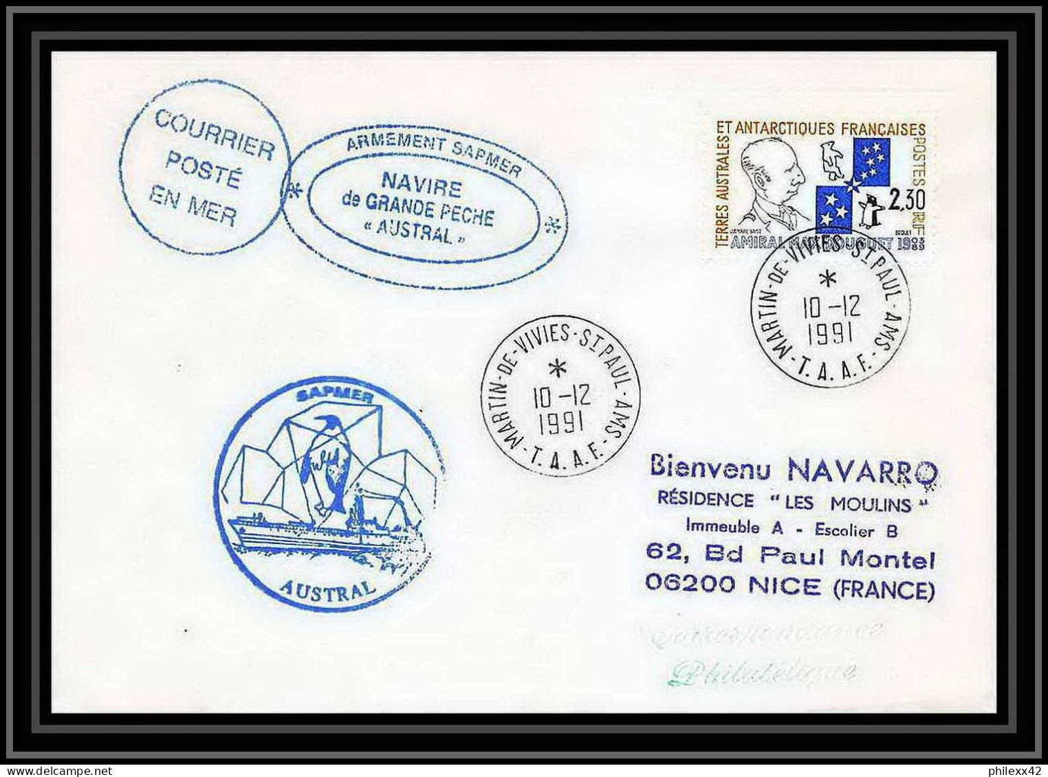 1746 Navire De Peche Austral 10/12/1991 TAAF Antarctic Terres Australes Lettre (cover) - Briefe U. Dokumente