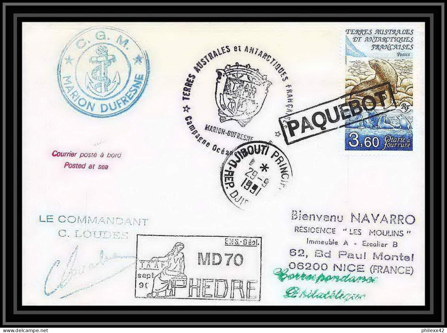 1742 Md 70 Hedre Djibouti Signé Signed Loudes 29/9/1991 Obl Paquebot TAAF Antarctic Terres Australes Lettre (cover) - Antarctic Expeditions