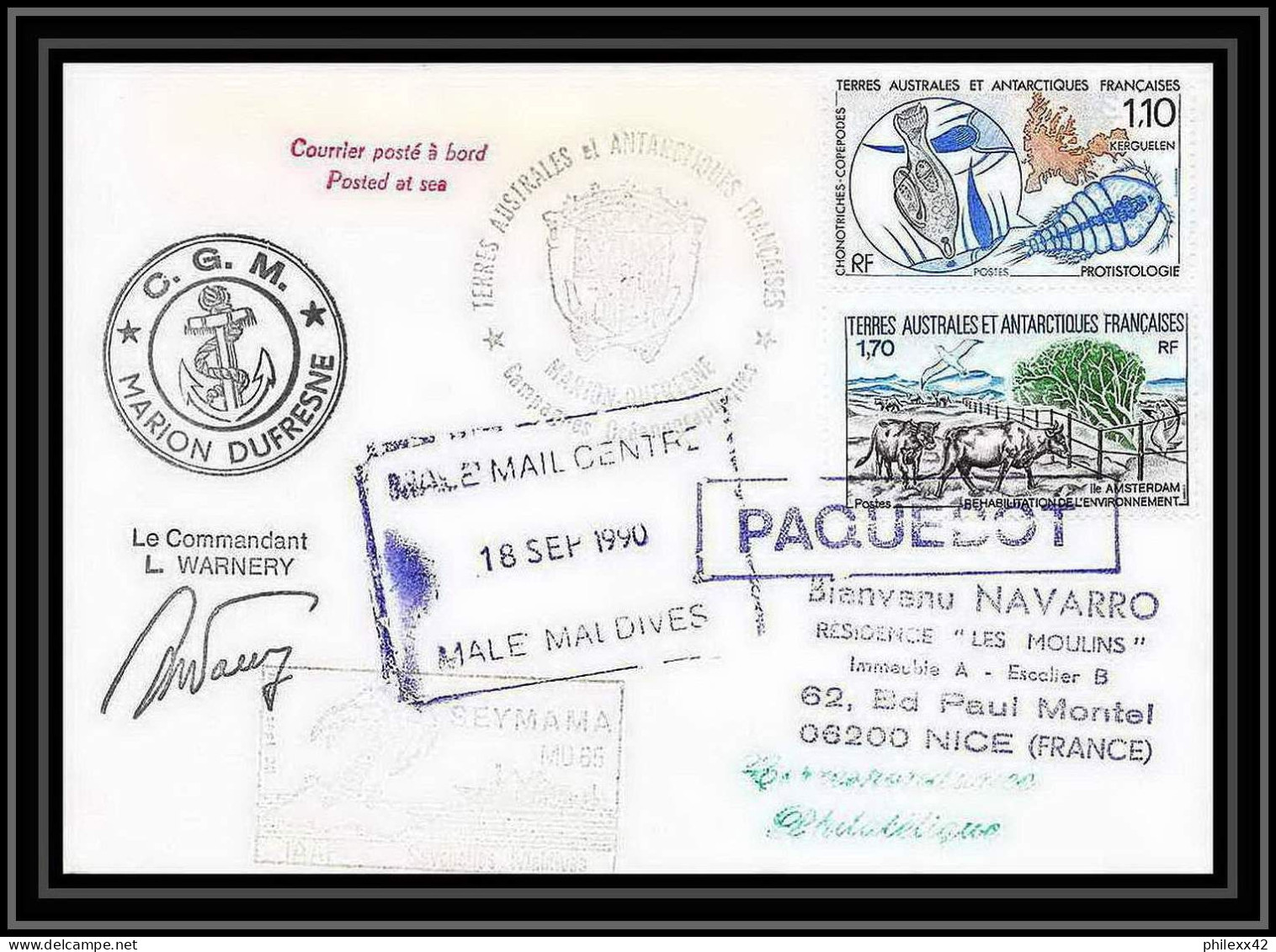 1734 Md 65 Seymana 19/9/1990 Signé Signed Warnery TAAF Antarctic Terres Australes Lettre (cover) - Spedizioni Antartiche