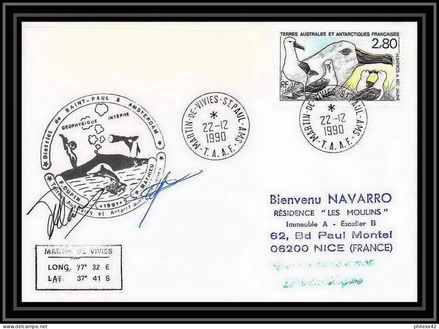 1730 Geophique Interne Signé Signed 22/12/1990 TAAF Antarctic Terres Australes Lettre (cover) - Expediciones Antárticas