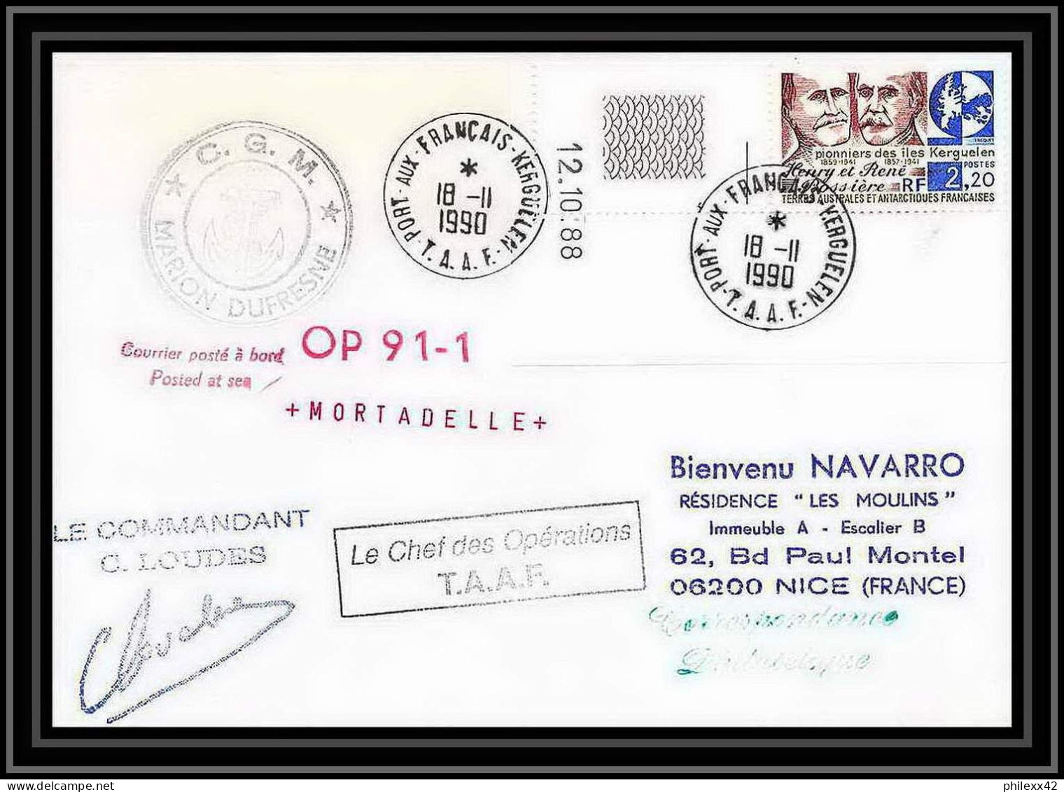 1723 Op 91/2 Marion Dufresne 18/11/1990 Signé Signed Loudes TAAF Antarctic Terres Australes Lettre Cover Coin De Feuille - Expéditions Antarctiques