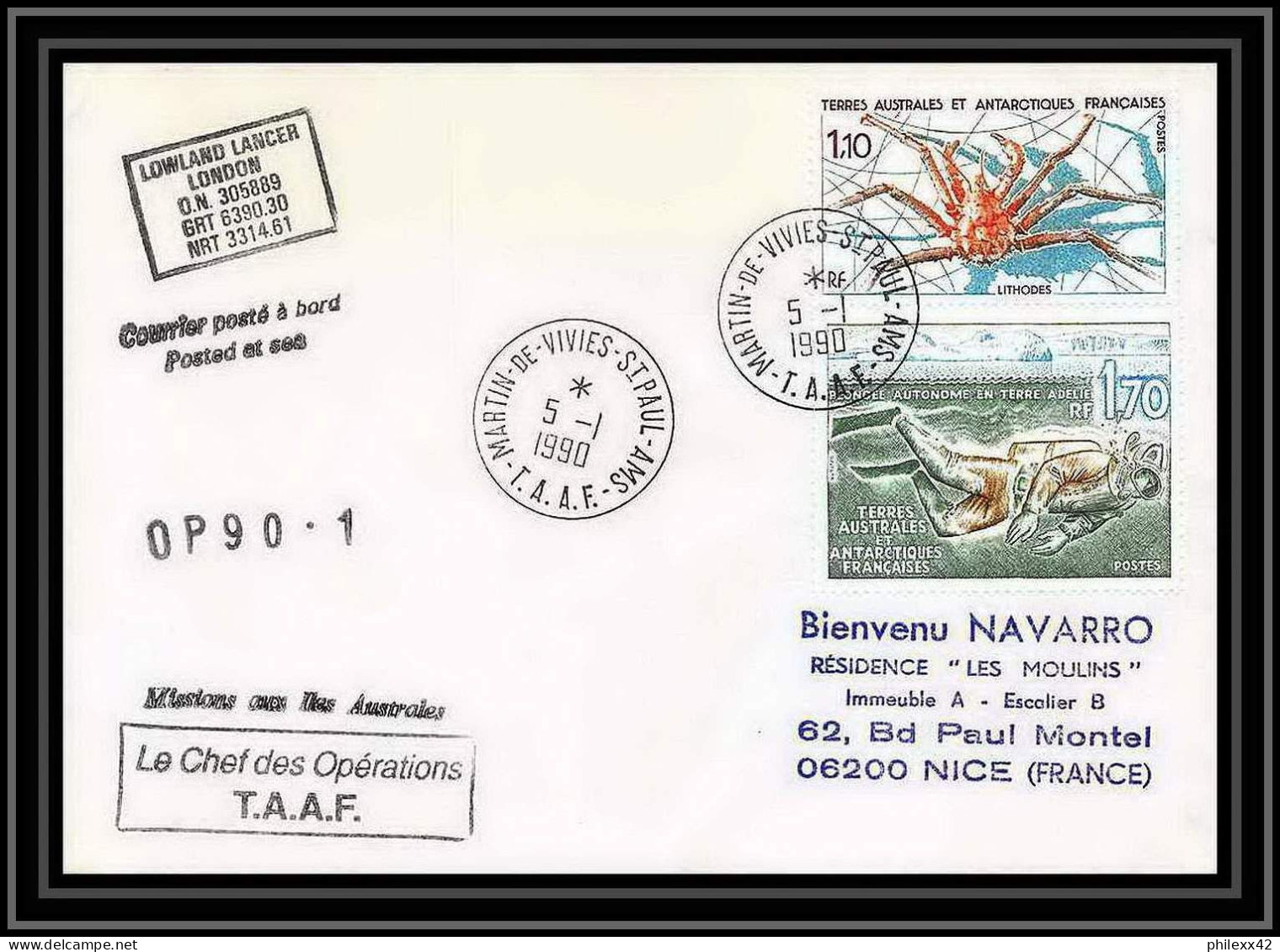 1728 Op 90/1 Lowand Lancer 5/1/1990 TAAF Antarctic Terres Australes Lettre (cover) - Lettres & Documents