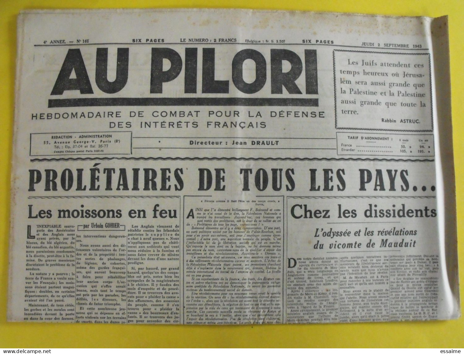 Au Pilori N° 161 Du 2 Septembre 1943. Drault Gohier Méricourt Pemjean Brémond Collaboration Antisémite LVF Milice Vichy - Other & Unclassified