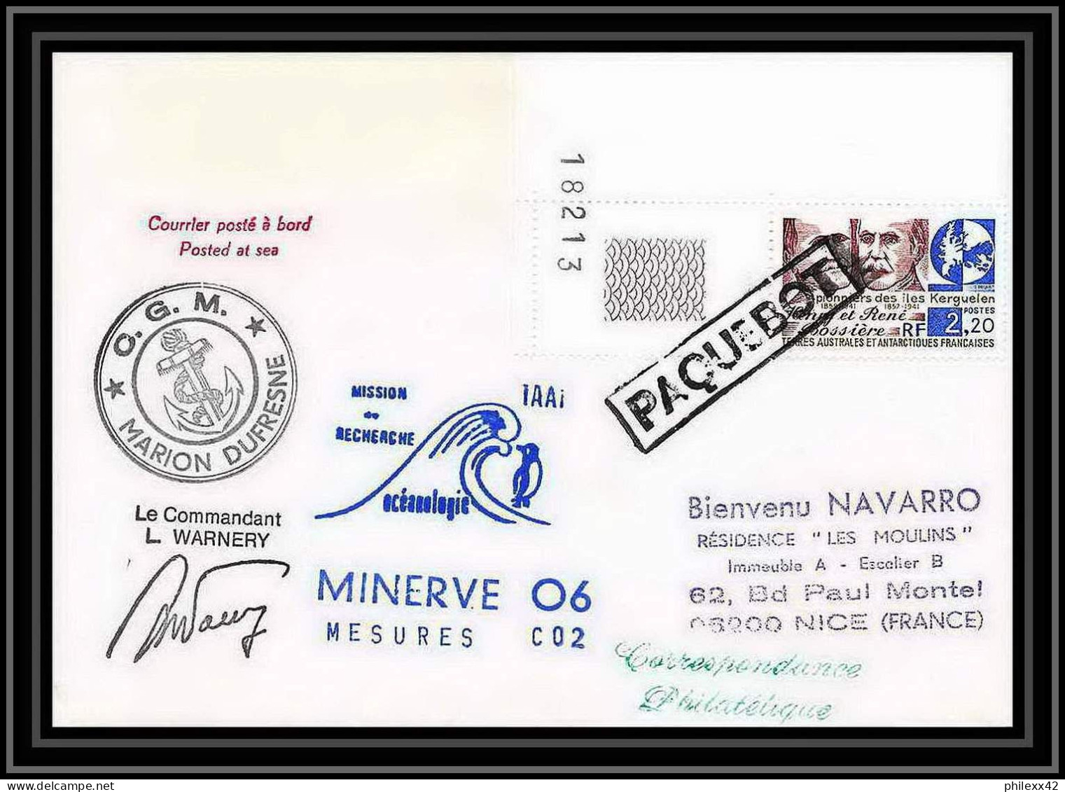 1725 Minerve 06 Mesures C02 Signé Signed Warenery Paquebot 1990 TAAF Antarctic Terres Australes Lettre Coin De Feuille - Spedizioni Antartiche